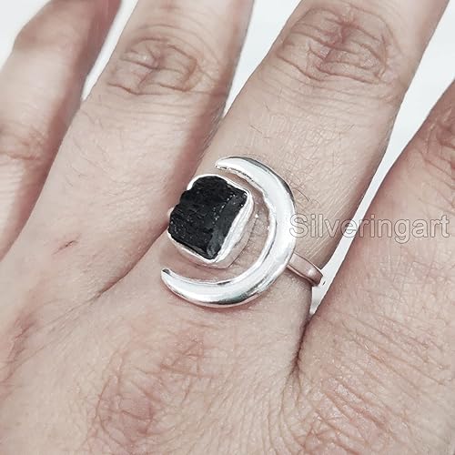 Miniatura 4 de Natural Black Tourmaline Ring, Rough Tourmaline Crescent Moon Adjustable Ring, October, 925 Sterling Silver, Womens Ring, Christmas, Handmade,