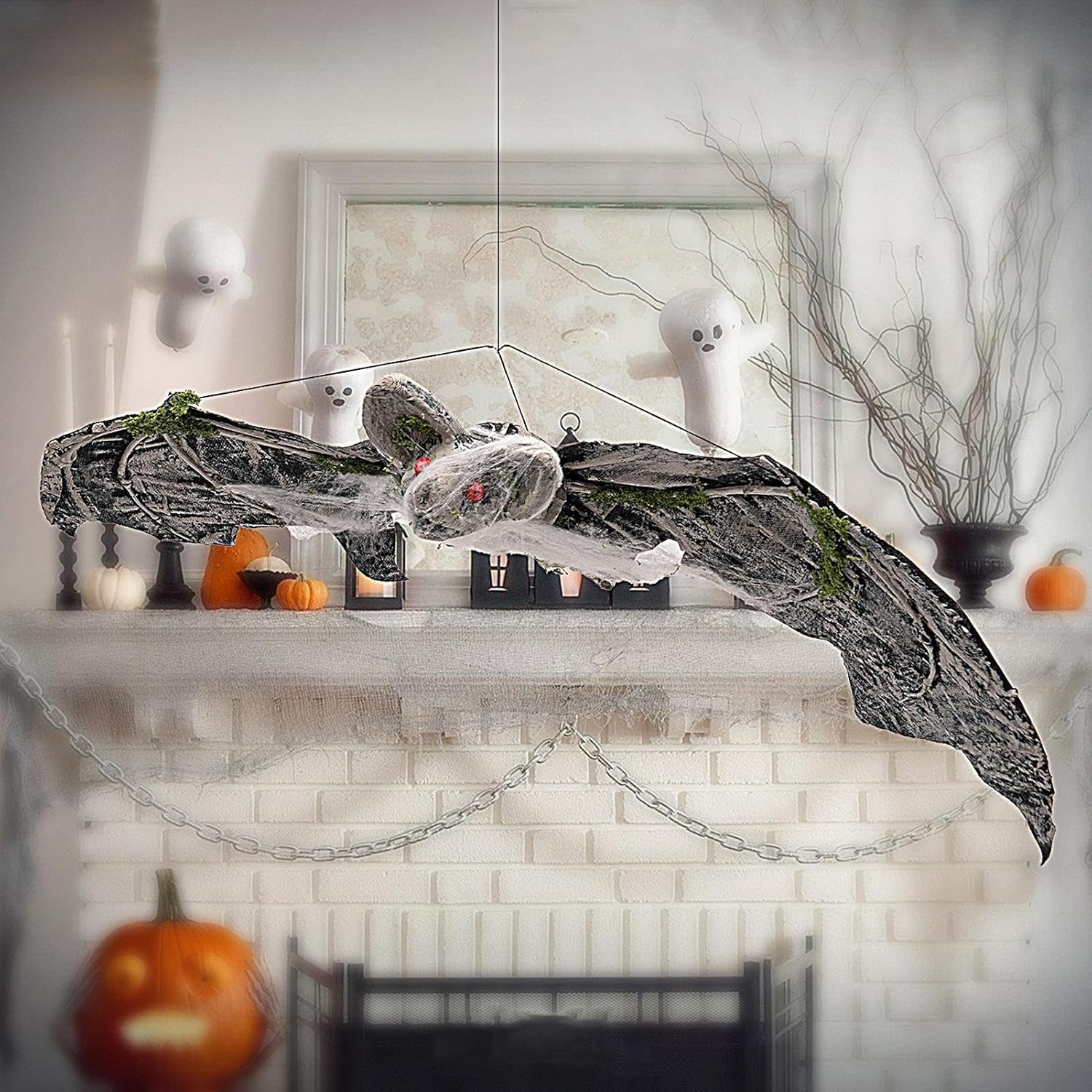 Large Bat Halloween Decorations Outdoor, 30 Inch Realistic Giant Bat with Spider Web Cotton, Spooky Halloween Patio Yard Garden Decor