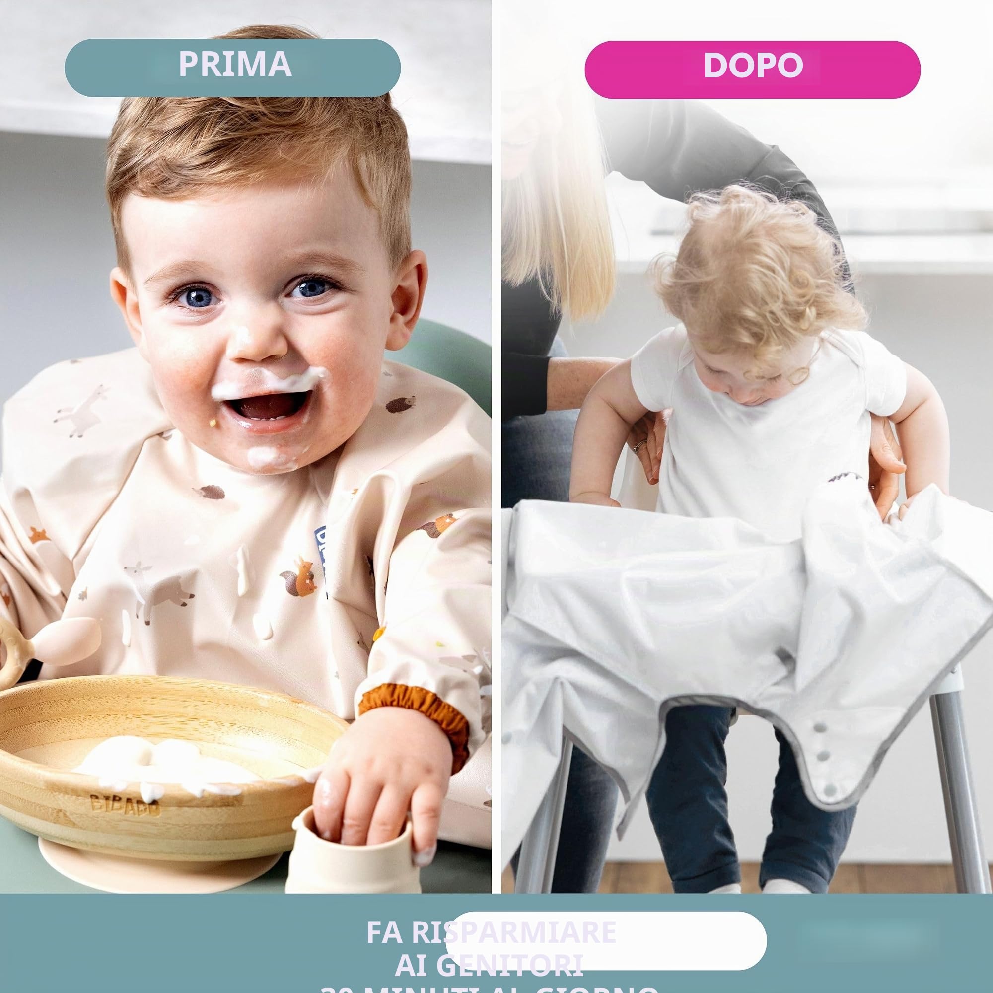 BIBaDO - 2 Pack Coverall Baby Feeding Bib, Easy to Clean Baby Bibs for Eating, Adjustable High Chair Catch All, Long Sleeve Bibs for Babies