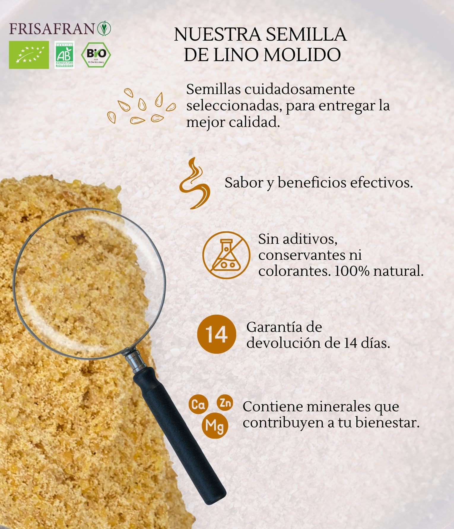 FRISAFRAN | Semilla de Lino Dorado Molida Ecológico 200g | Superalimento Organico | lino dorado | Semillas de lino marrón | Ácidos grasos | Fuente Natural de Fibra | Omega 3 | 100% Vegano | Sin Gluten
