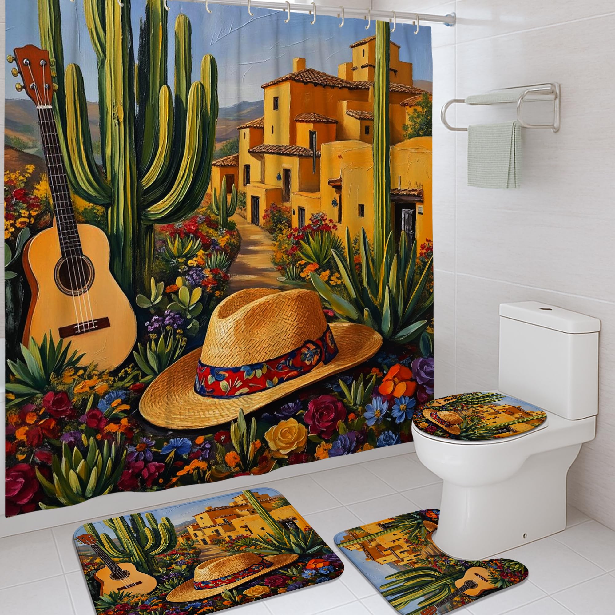 Ensemble de rideaux de douche motif cactus avec tapis en tissu imperméable