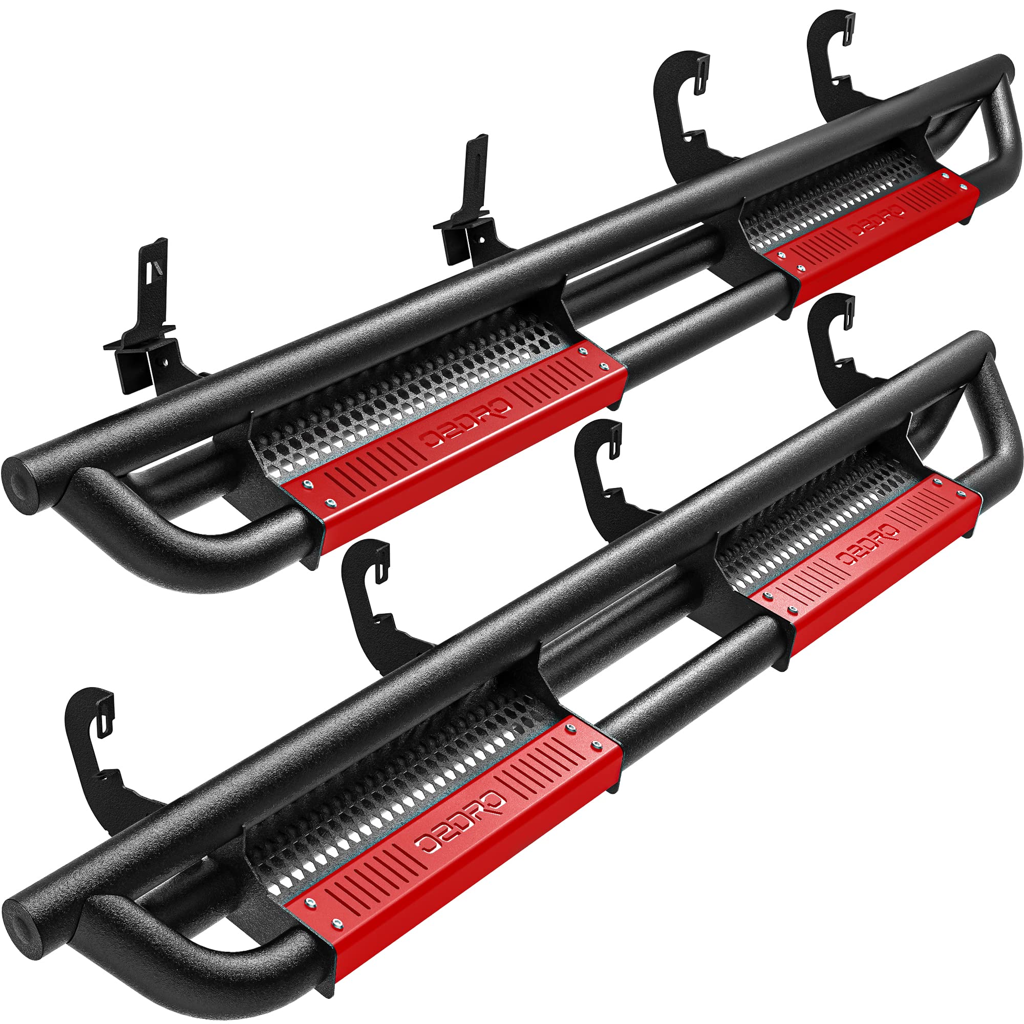 Photo 1 of OEDRO Running Boards with Paintable Step Plates, Bolt-on Side Steps Compatible with 2007-2018 Chevy Silverado/GMC Sierra 1500 Crew Cab & 2007-2019 2500/3500HD, Powder Coated Black and Red Nerf Bar 3-Triple Tube