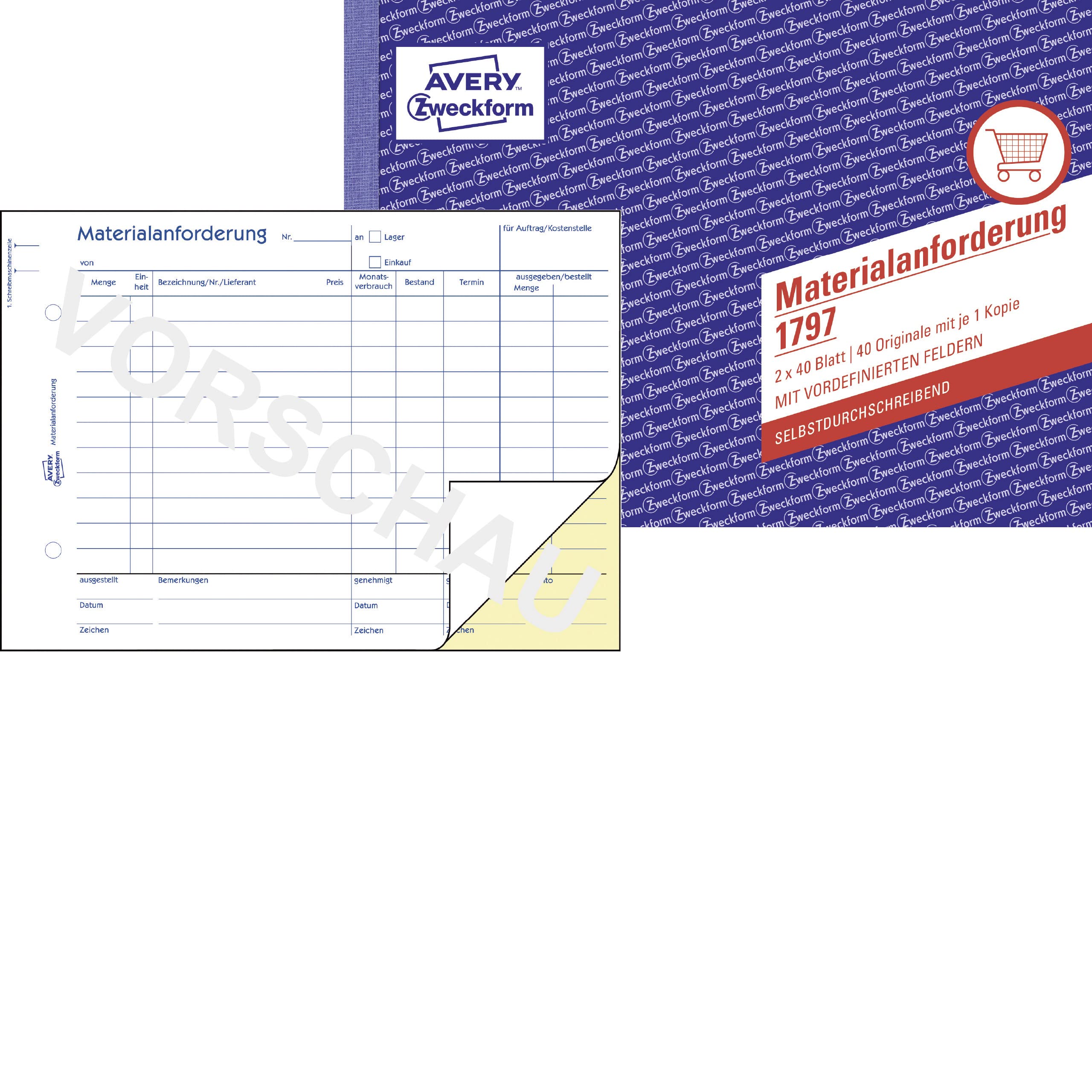 AVERY Zweckform 1797 Material Requirement (A5 Landscape, 2 x 40 Sheets, self-Copying and 1 Copy, for indicating Quantity, Description, Cost Center, Consumption, Booking and Much More) White/Yellow