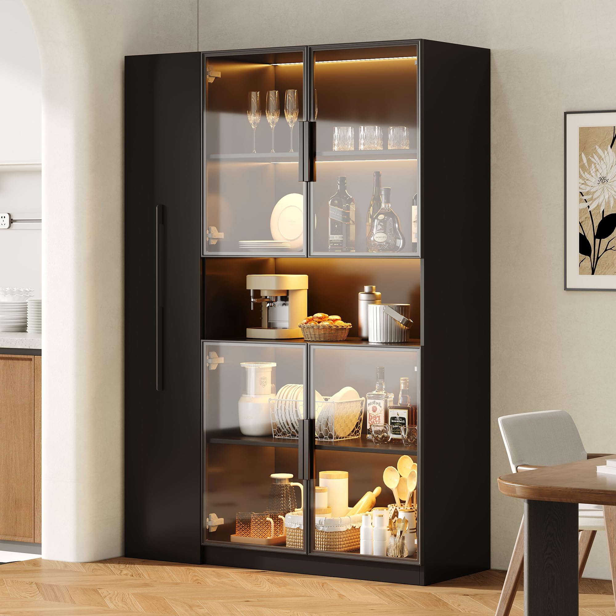 Multifunzionale Armadio 110×35×160 cm - Vetrinetta con Porta in Vetro e LED, Estrazione Laterale, Armadio a Ruote e Nero, Mobile Alto, Libreria, Armadio per Bagno, Credenza per