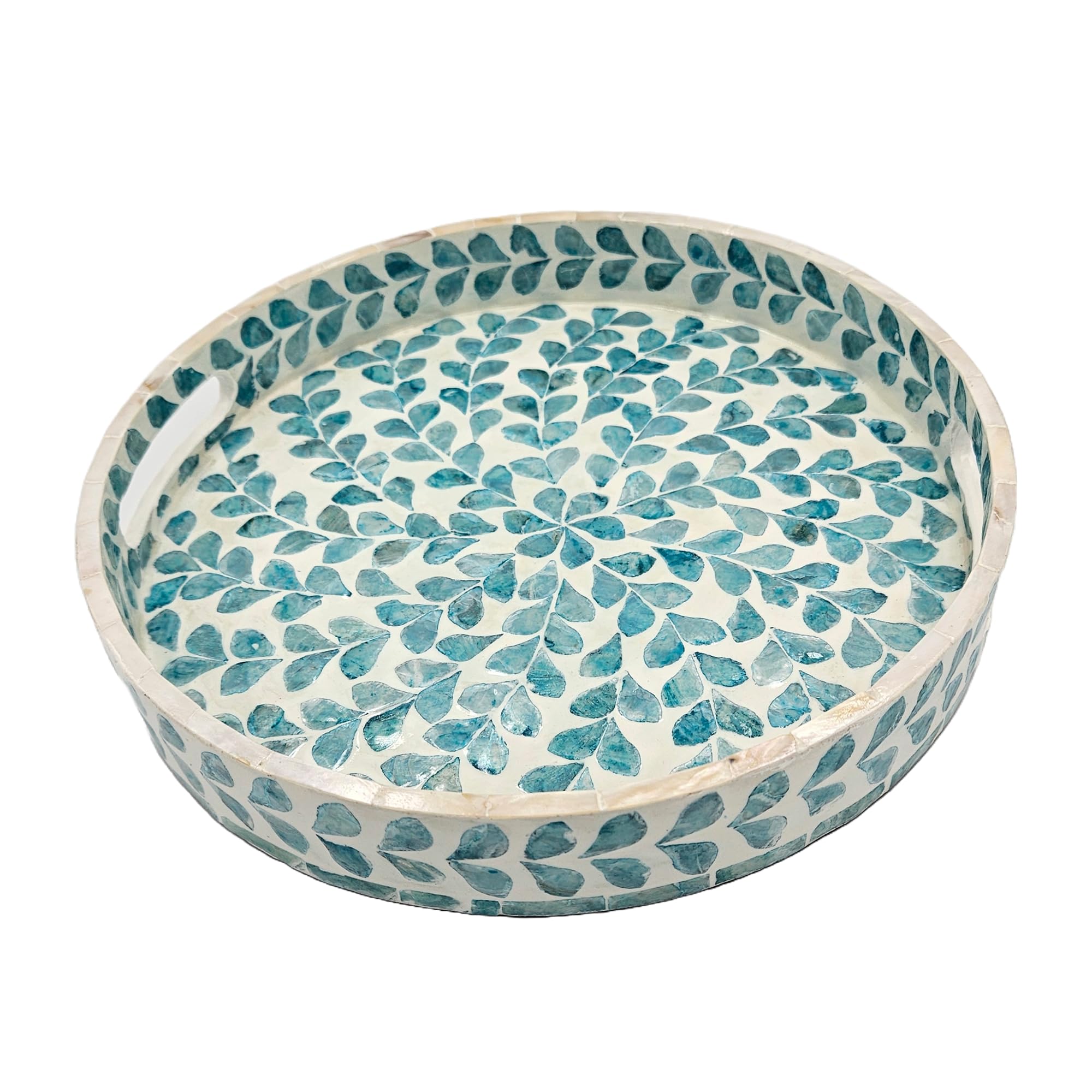 PEMAR 12.6” Mother of Pearl Round Serving Tray with Handles, Decorative Nacred Wooden Ottoman Coffee Table Tray (Teal Floral Pattern)