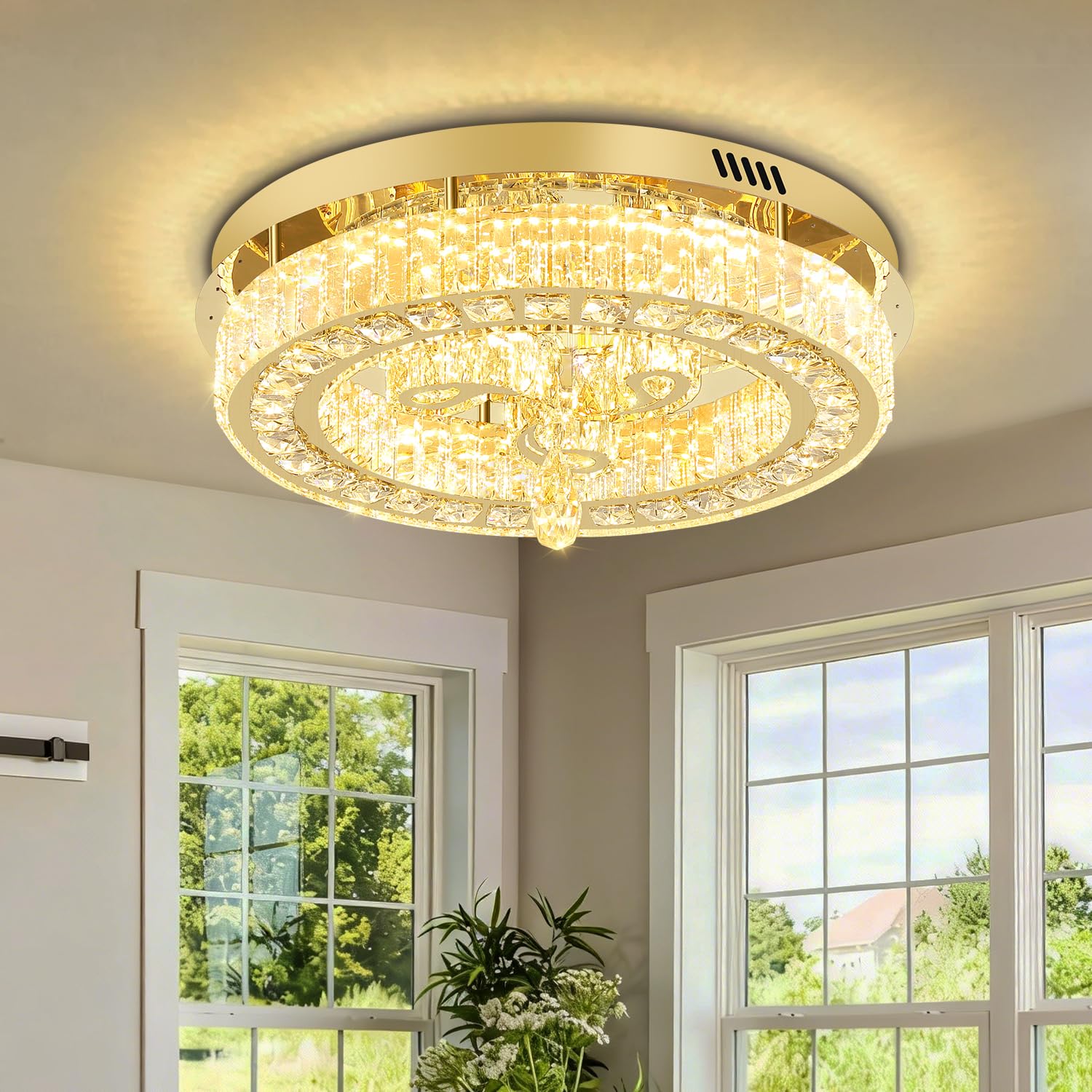 IDEQUY 20-inch Gold Modern Crystal LED Dimmable Flush Mount Chandelier installed in a living room