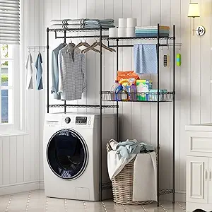 GarveeHome Over Washer and Dryer Shelves, 57.4" W Laundry Room Clothes Drying Rack, Height Adjustable Towel Racks with Hamper and Hooks, Space Saving Laundry Room Organization and Storage