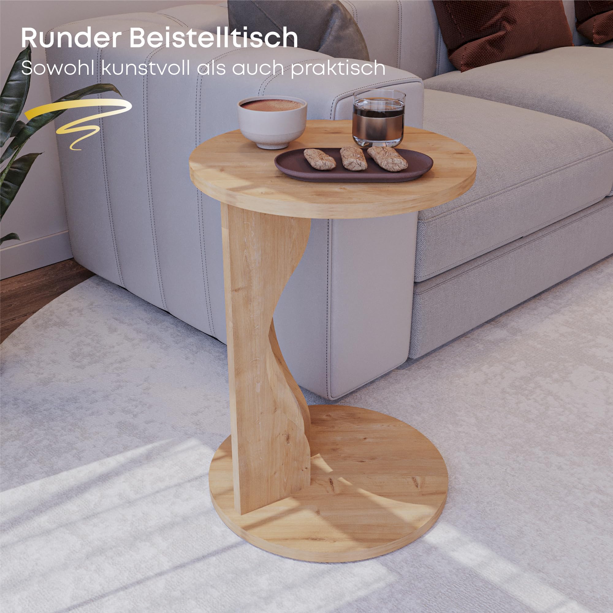 sugodesign Beistelltisch Rund mit Rollen Sofatisch, Couchtisch Eiche-Optik