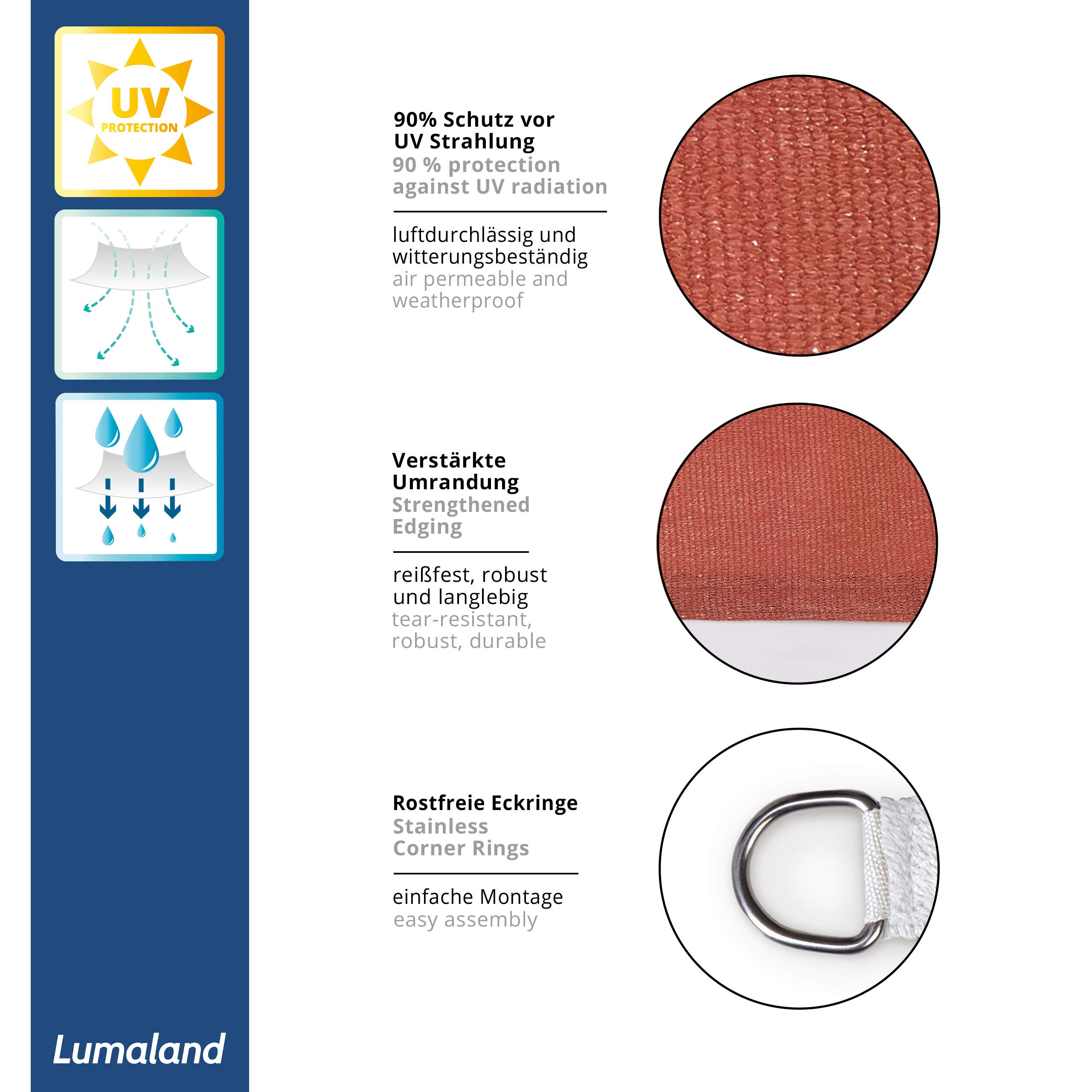 Lumaland Voile d´ombrage retangulaire avec Cordes de Support - 2 x 4 m - 100% HDPE - Terracotte