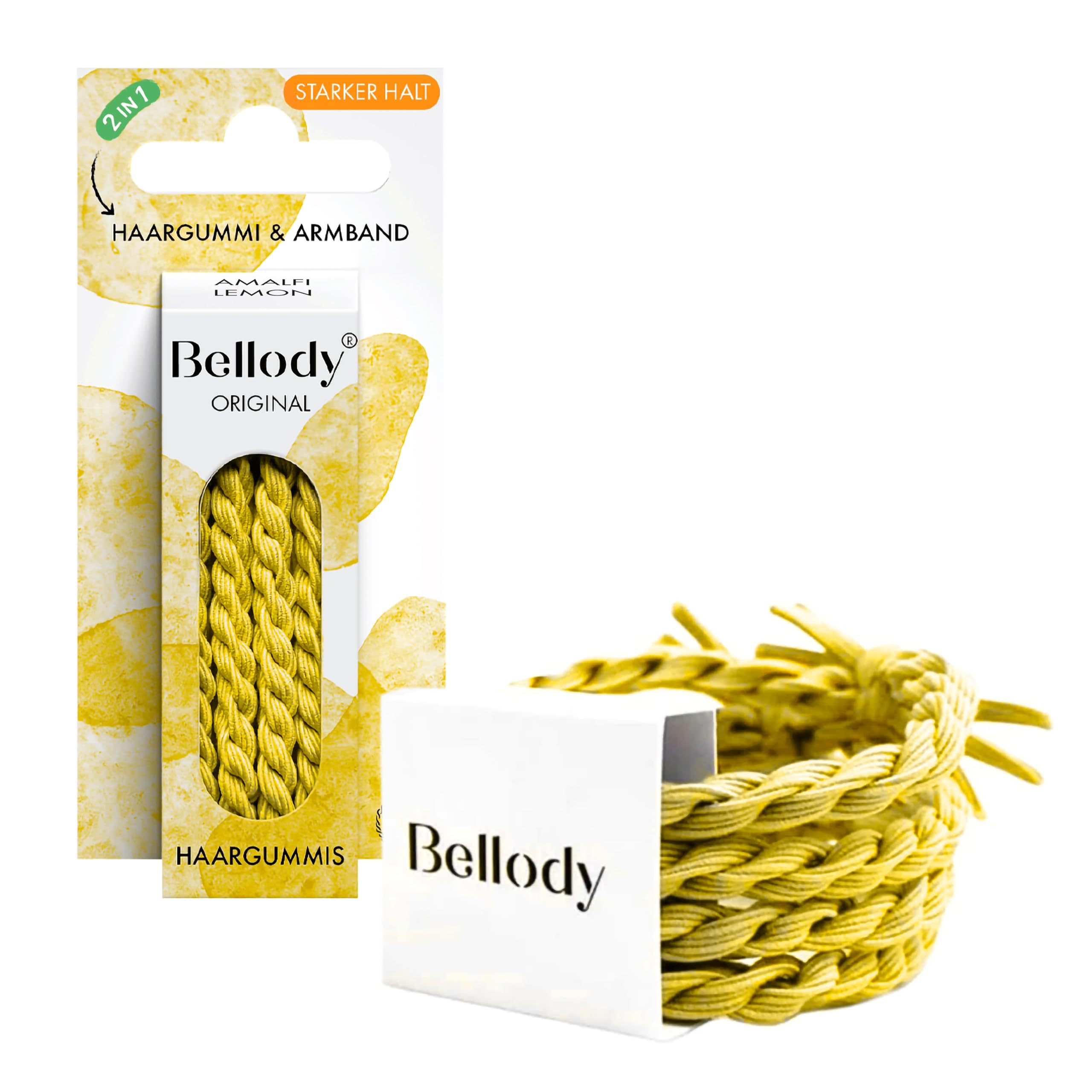 Bellody® Original Haargummis - Stylisch geflochtener Haargummi mit starkem Halt (4er Set - Amalfi Lemon) - Damen Haarschmuck in Gelb
