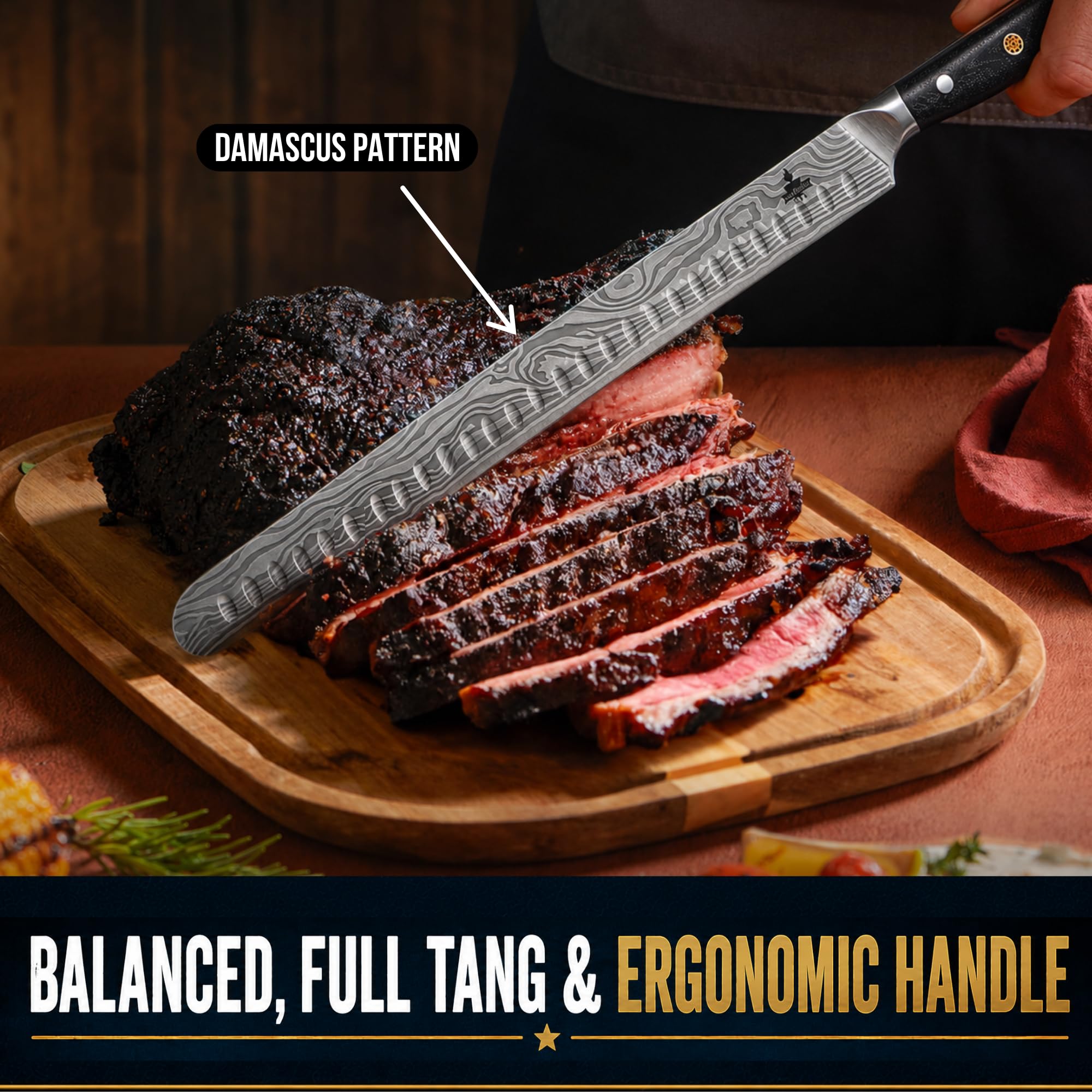 Brisket Knife Set for Meat Carving - 12" Slicing Knife + 6" Curved Boning Knife & Carving Fork for Effortless Meat Cutting, Full Tang & Ergonomic - Razor Sharp German Steel, BBQ Grilling Gifts for Men — Amazon image 4