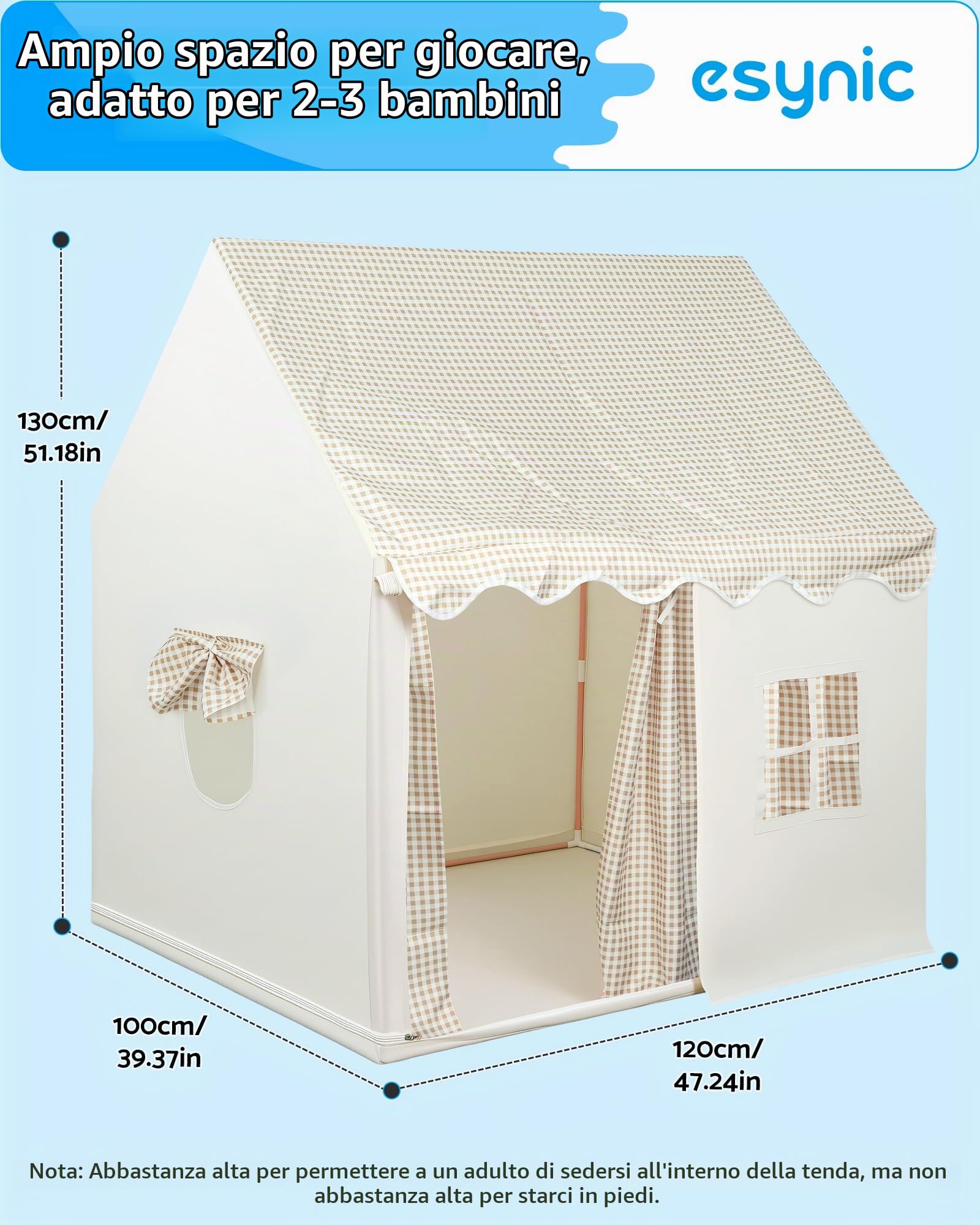 eSynic Tenda da Gioco per Bambini con Luci LED Decorative, Casetta Stanza di Attività Giochi con 2 Finestre per 2-3 Piccoli, Angolo da Lettura Studio, Facile da Montare - Beige a Quadri