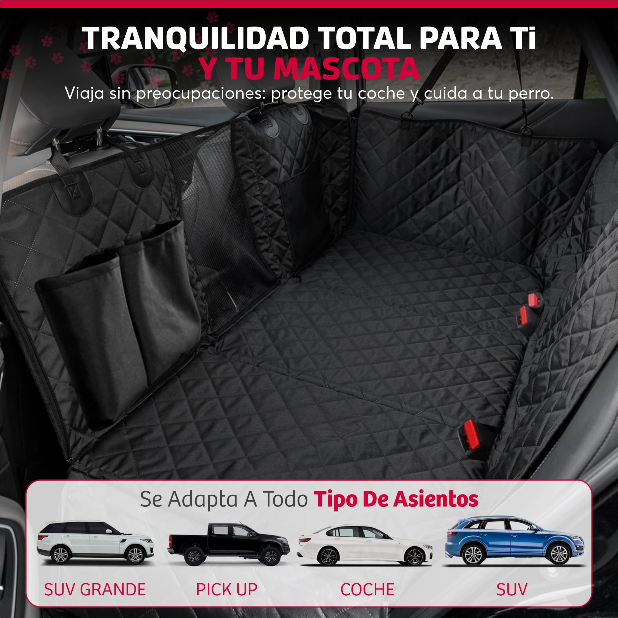 SweetSolutions© Funda Coche Perro | Protector Coche Perros Asiento Trasero | Impermeable y Resistente | Cubre Asientos Protector | Ventana de Malla Visible y Cremallera | Incluye Correa y Guante |