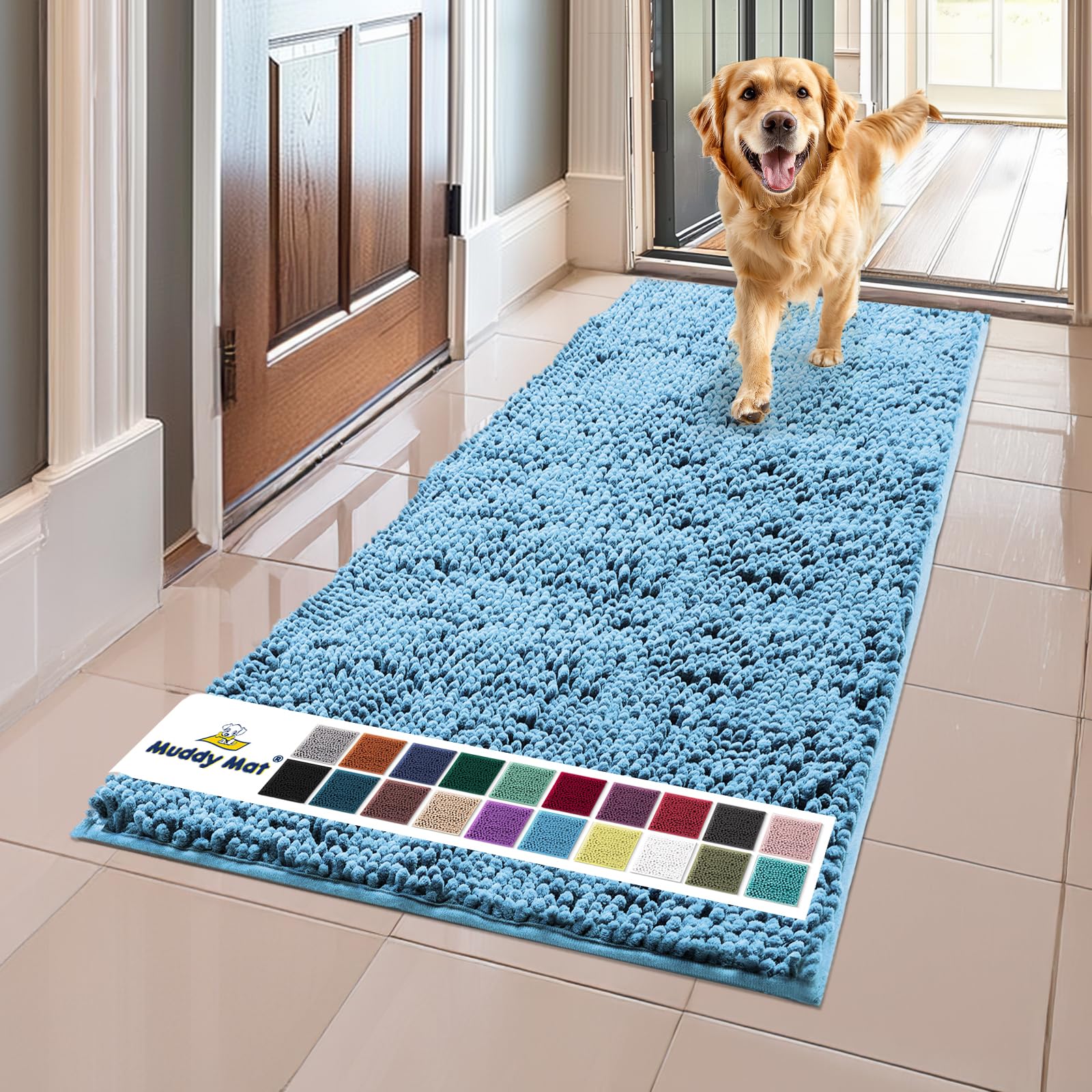 Muddy Mat® Original Dog Door Mat for Muddy Paws, Super Absorbent Microfiber, Non-Slip Washable Pet Rug, Quick Dry Chenille Entryway Carpet, Machine Washable Indoor Outdoor mat, Sky Blue 24"x60"
