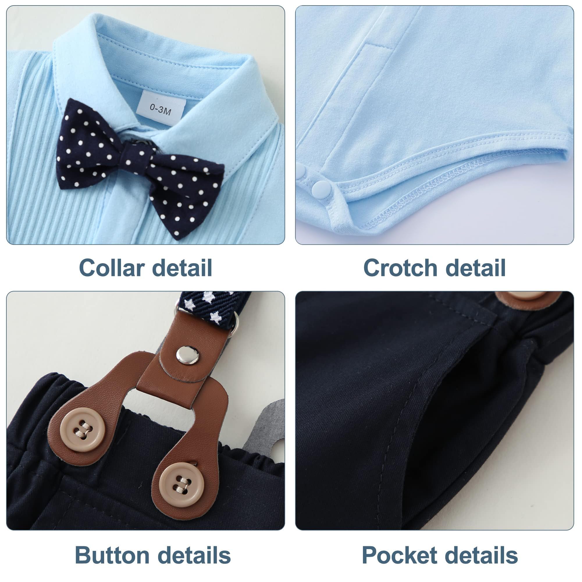 ZOEREA Trajes de Bebé Niño Conjunto de Ropa 0-18 Meses Peleles Monos con Pajarita + Tirantes Pantalones Bebé Niños Caballero Conjunto para Bautizo Fiesta Boda