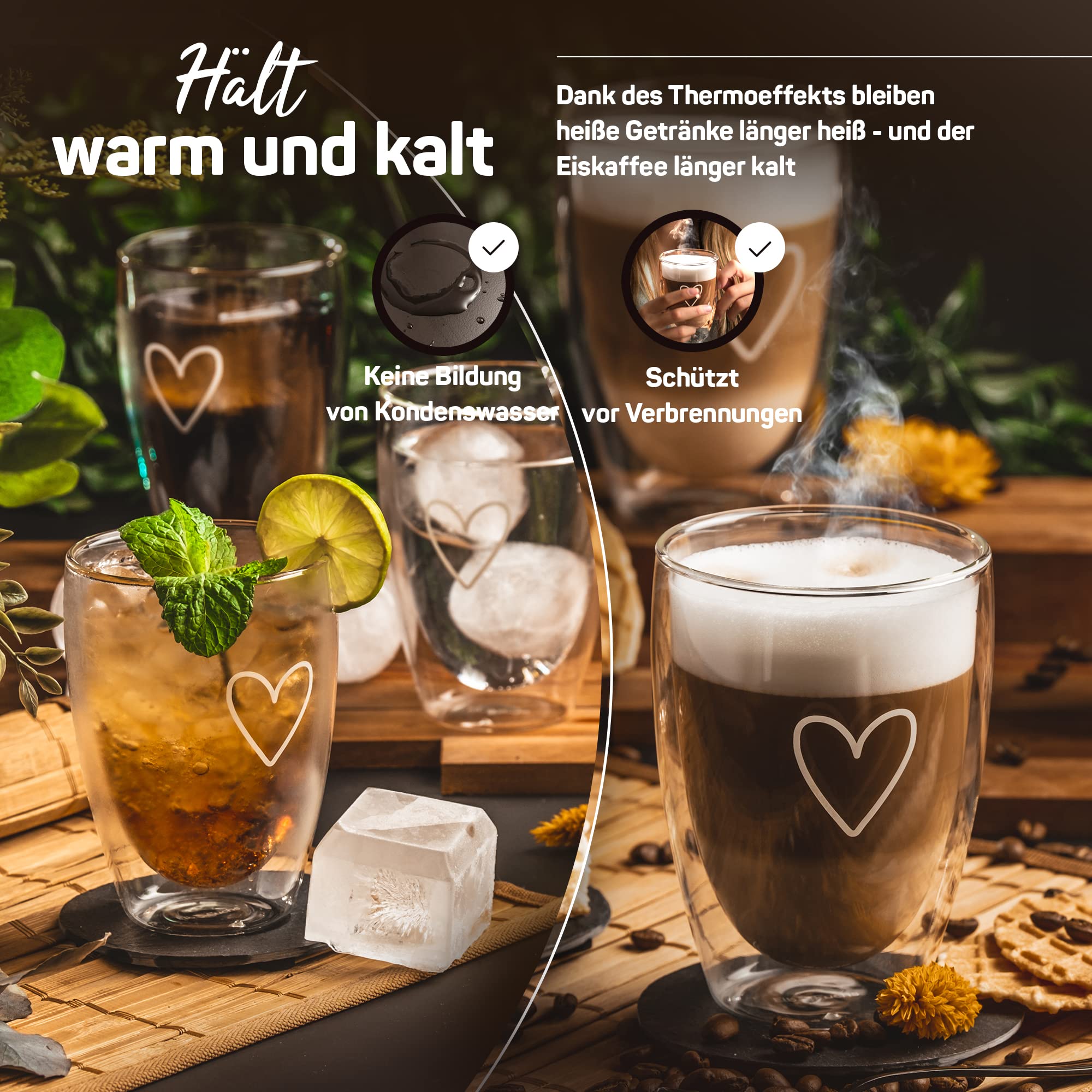 ElbFuchs® Latte Macchiato Gläser doppelwandig [4x 350ml] GESCHENKIDEE mit HERZ | Kristallklare Thermogläser doppelwandig | Ideal als Cappuccino Gläser | Kaffeegläser | Teegläser