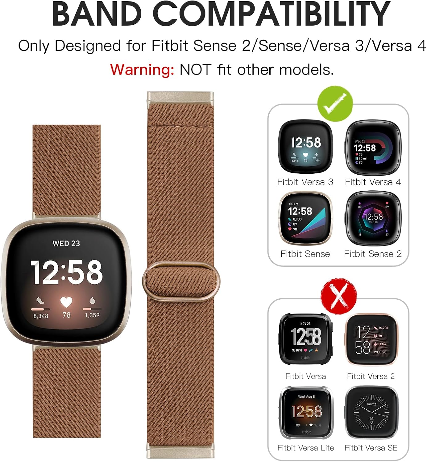 TOYOUTHS Compatible with Fitbit Sense/Sense 2 Band/Versa 3/Versa 4 Bands Women Men Elastic Adjustable Nylon Fabric Strap Scrunchies Solo Loop Stretchy Bracelet Sport Wristband Accessories, Brown