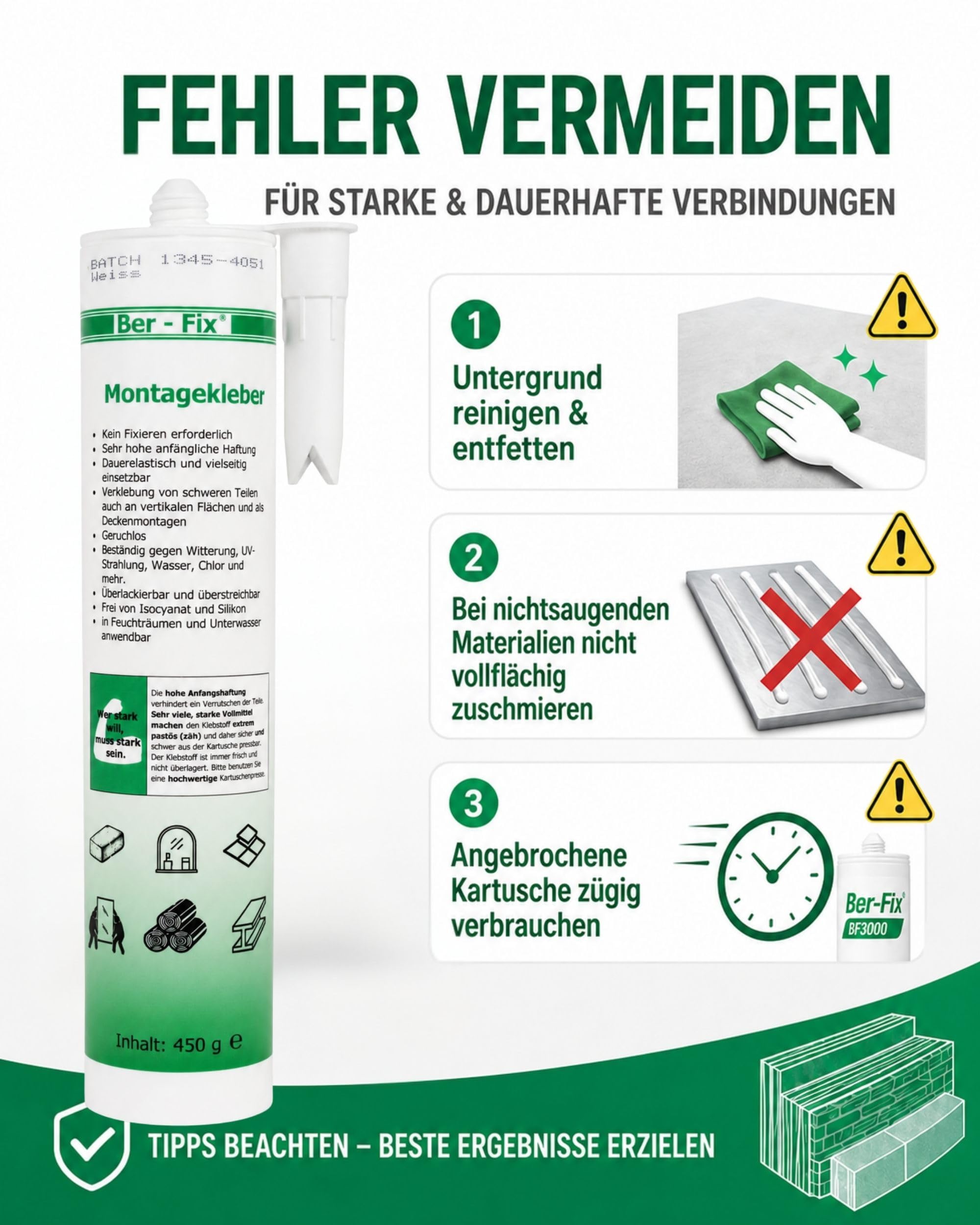 Ber-Fix Montagekleber nur Kleber extra stark weiß 3er Pack | Montagekleber nur Kleber weiß 3er Pack: Montagekleber für Kleben statt Bohren: geeignet für Leisten, Platten