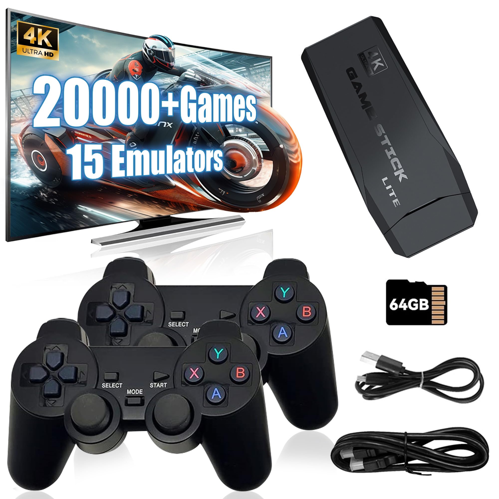 M8 64G Retro Konsole Retrolink 20000+ Spielen zwei kabellose Controller,4K Retro spielekonsole HDMI Plug and Play Wireless Game Stick für TV