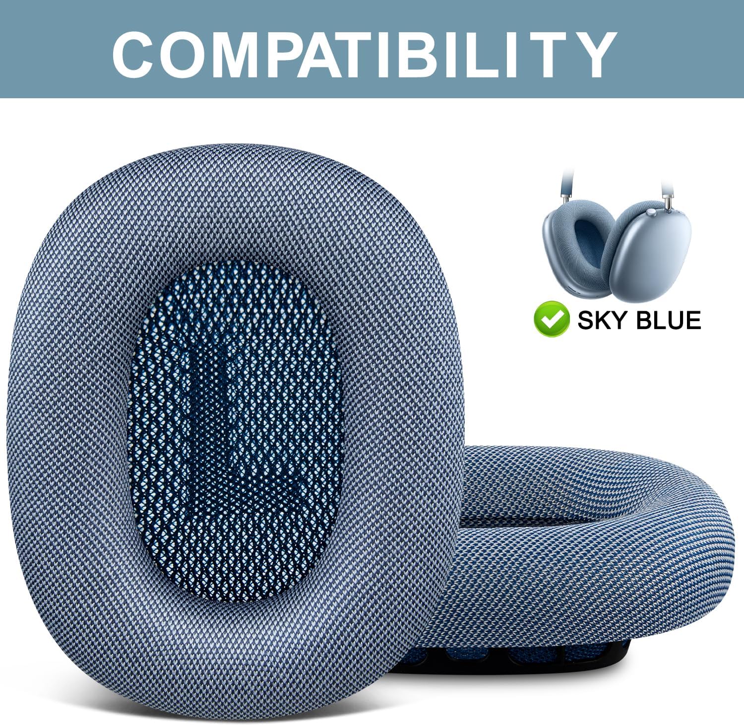 SOPROM Upgraded Ear Pads for AirPods Max 1 & 2 Over-Ear Headphones, Upgraded Earpads Replacement Cushions with Durable Mesh Fabric, Noise Isolation and Stronger Magnet - Sky Blue
