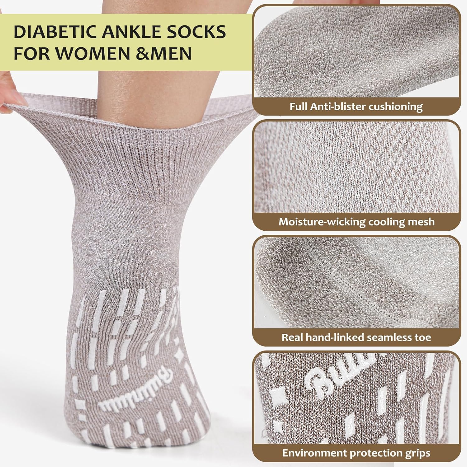Bulinlulu Bamboo Viscose Diabetic Socks with Grippers for Men Women -6 Pairs Non Binding Ankle Slipper Socks Size 6-9 9-12 - Image 6