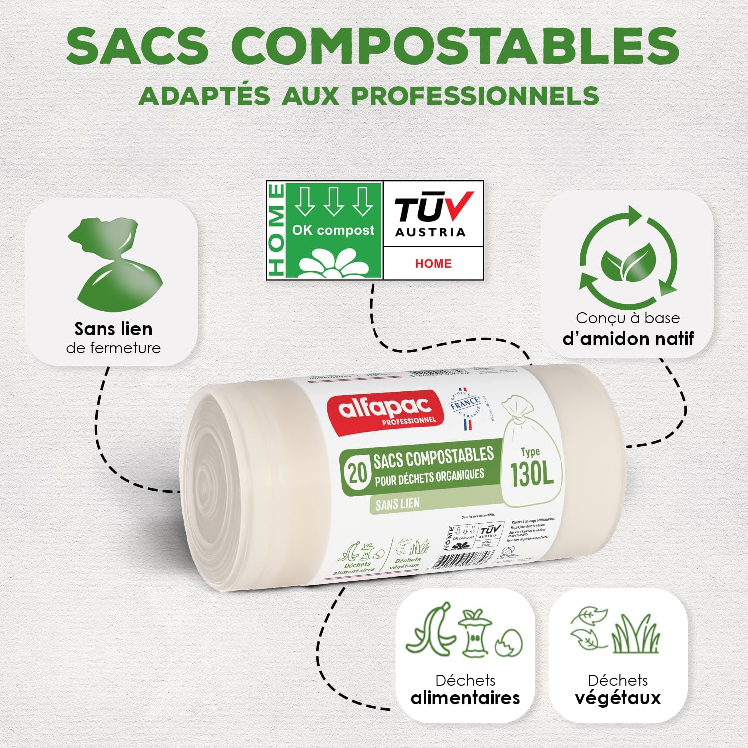Alfapac profesional - Caja de 100 bolsas de basura compostables - Gran capacidad 130L - 5 rollos de 20 bolsas - Sin vínculos - Fabricado en Francia - Para residuos orgánicos | Gran capacidad, 5 rollos de 20 bolsas, sin conexión, para desechos orgánicos