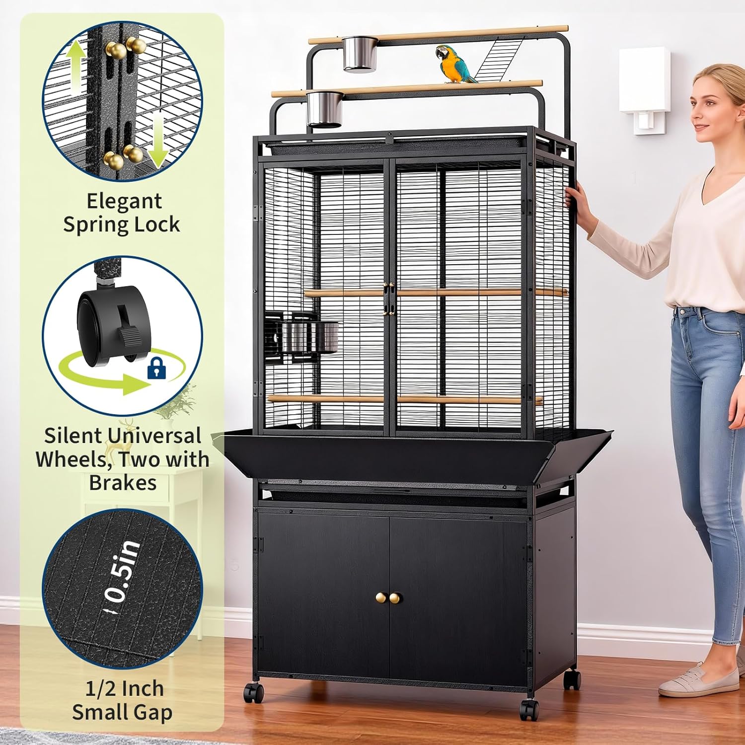 Garvee 71" H Rolling Bird Cage,Large Rolling Birdcage with Top Stand & Storage Cabinet,Black Walnut Wood Parakeet Cage for Macaw Parrot Cockatiel Budgie