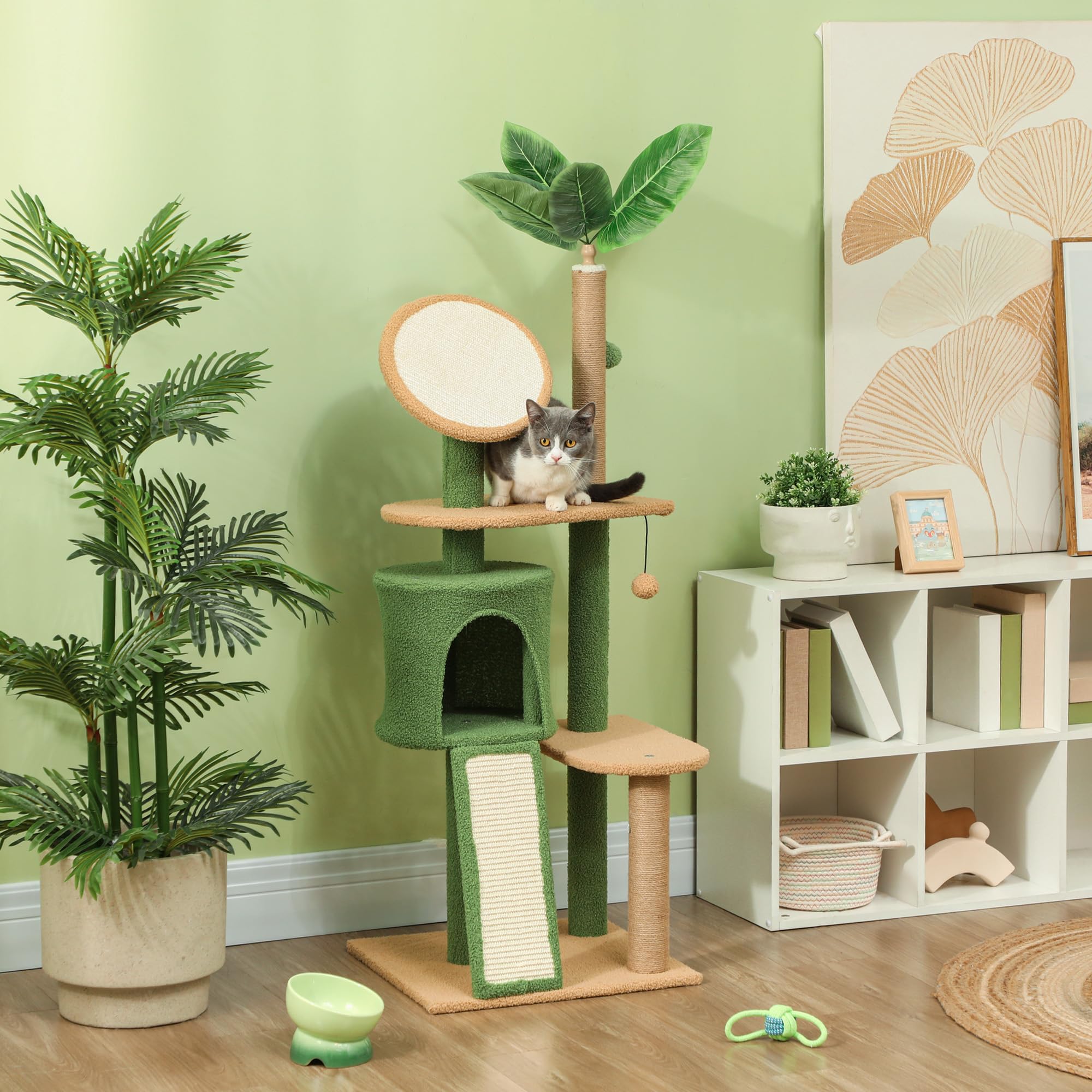PawHut Cat Tree for Large Adult Indoor Cat with Green Leaves, 55 Inch Cat Tower with Scratching Posts, Condo, Scratching Pad, Ramp, Two Dangling Balls, Green