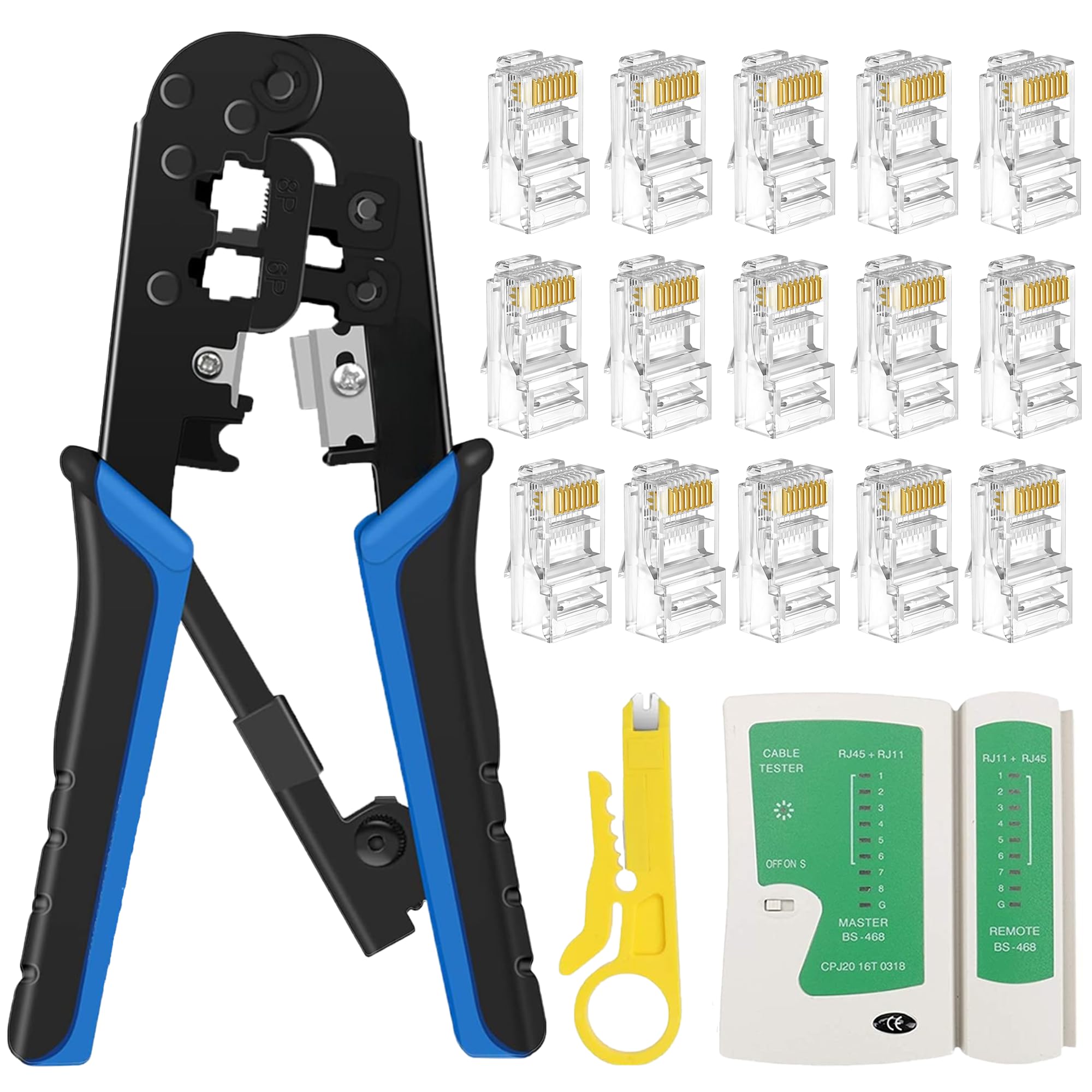 FEDUS RJ45 Crimping Tool Kit, rj45 Machine for Cat6A Cat5E Cat5 Ethernet tool kit, 100PCS Connector, Network Lan Tester, Cut and Strip