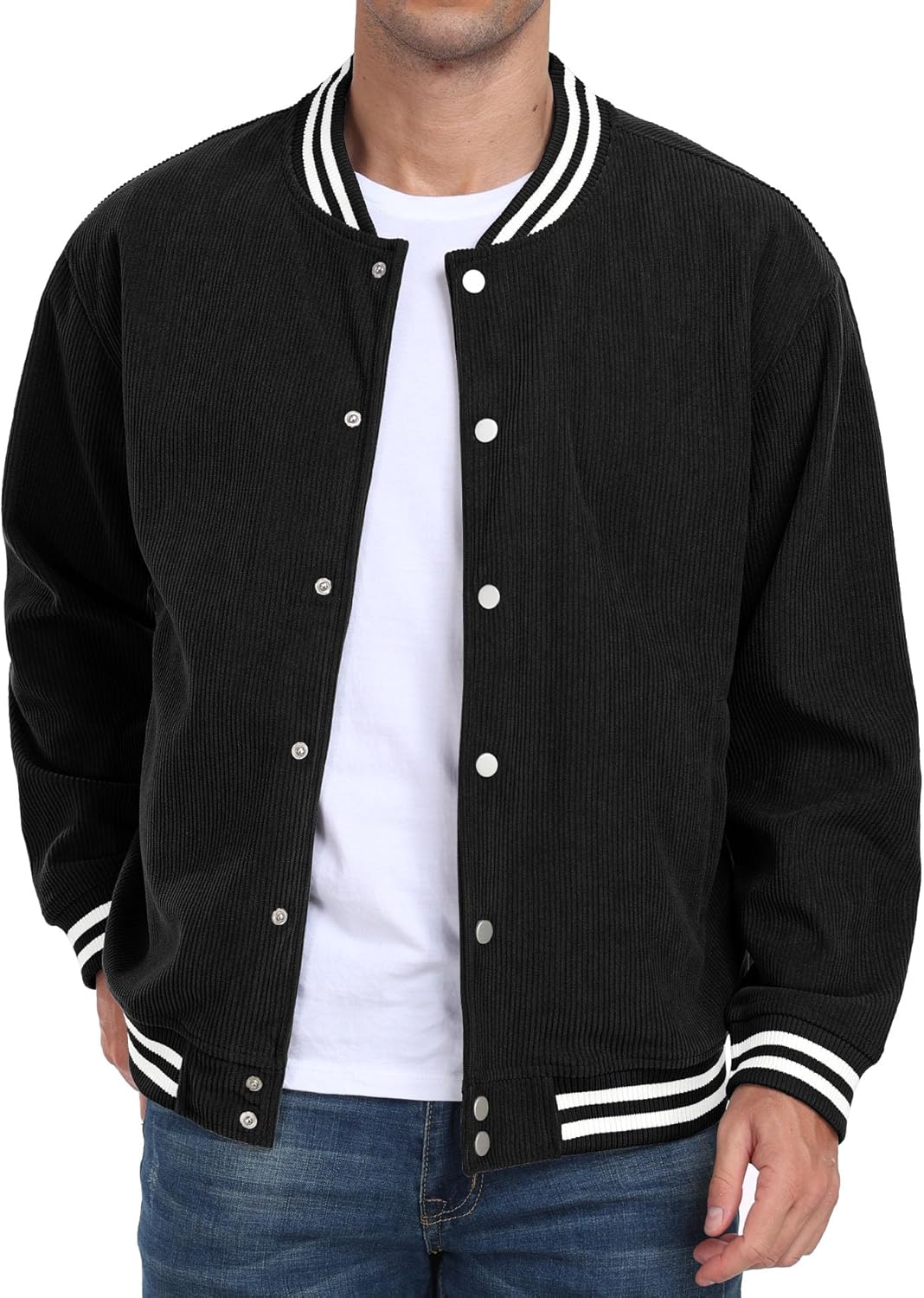 Askdeer Men's Casual Shirts Corduroy Button Down Varsity Jacket Long Sleeve Bomber Baseball Jacket - Image 5
