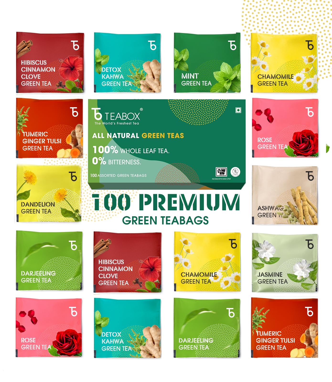 Teabox Premium Darjeeling Green Tea Sampler Bags 100pcs (10pcs X 10 Herbal flavors) | 100% Natural & 0% Bitterness | Sourced Directly From The Himalayas