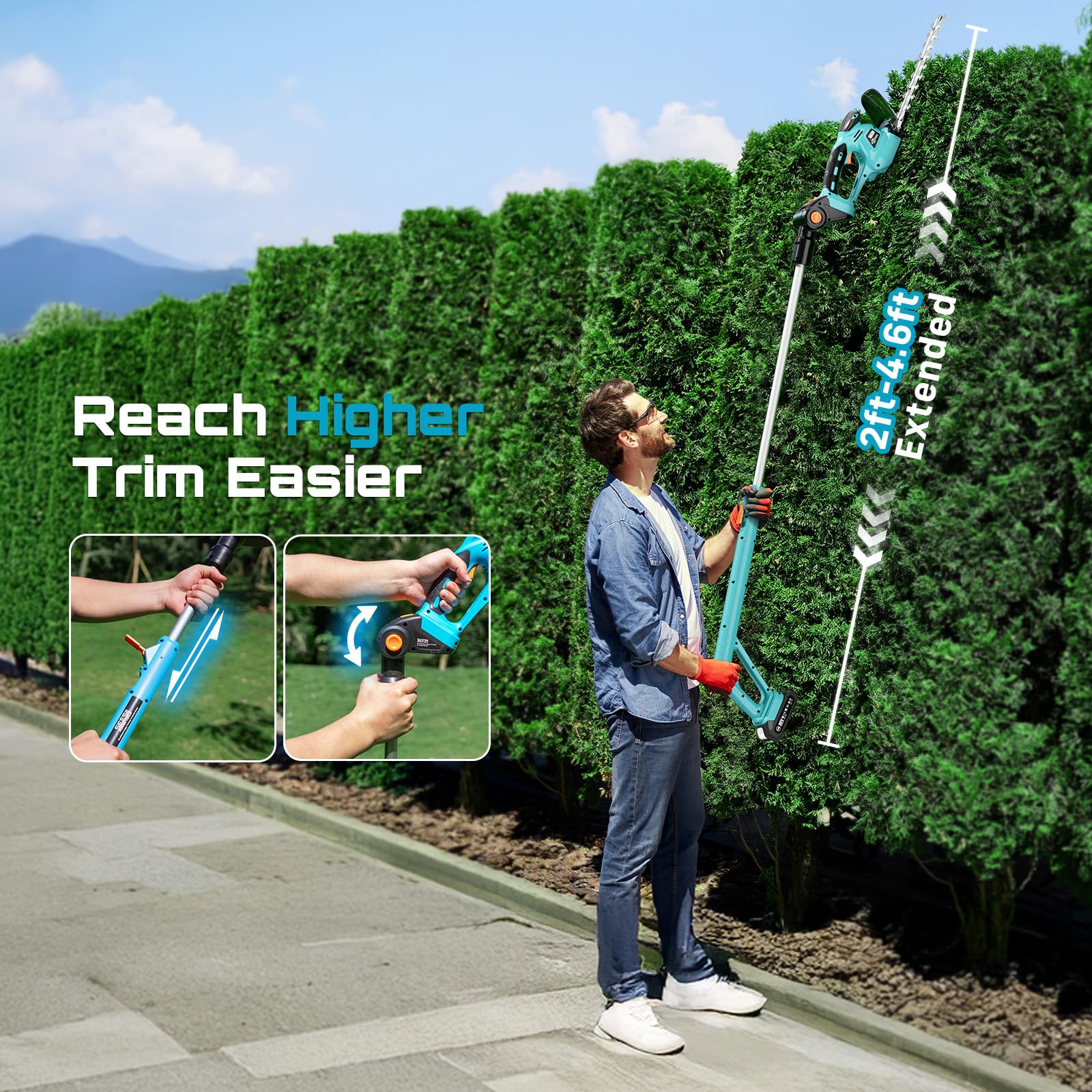 SEESII Telescópico Cortasetos Bateria: Tijeras de Césped Inalámbricas 4 en 1 y Cortasetos Eléctrico de 20cm para Jardín – 2*Batería de 2,0Ah, para setos ramitas Finas y céspedes
