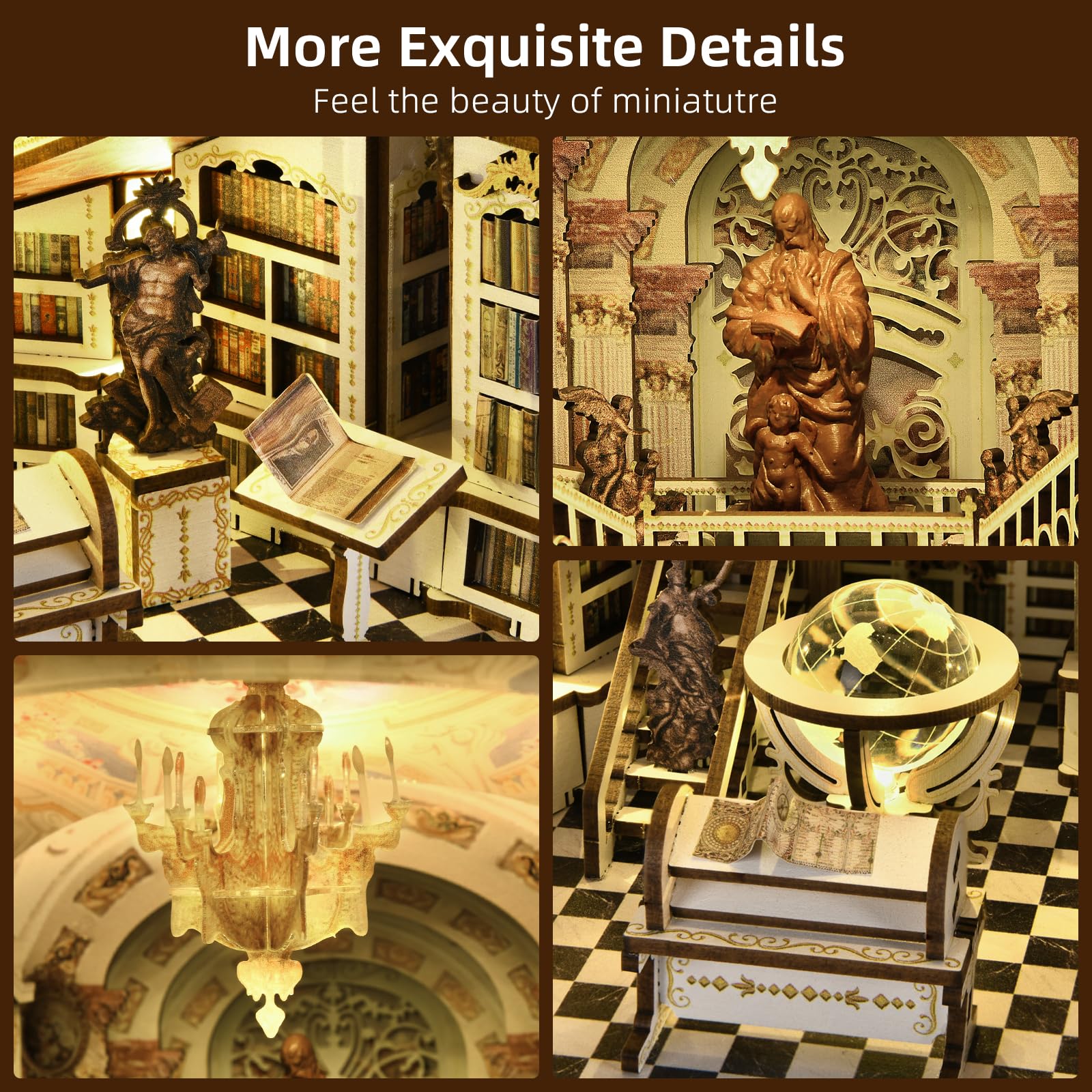 MiniCity Book Nook Kit, kit fai da te in miniatura per casa delle bambole in legno 3D, supporto per libri e libri, decorazione con luce LED per ragazzi e adulti (Library of Gods Max)