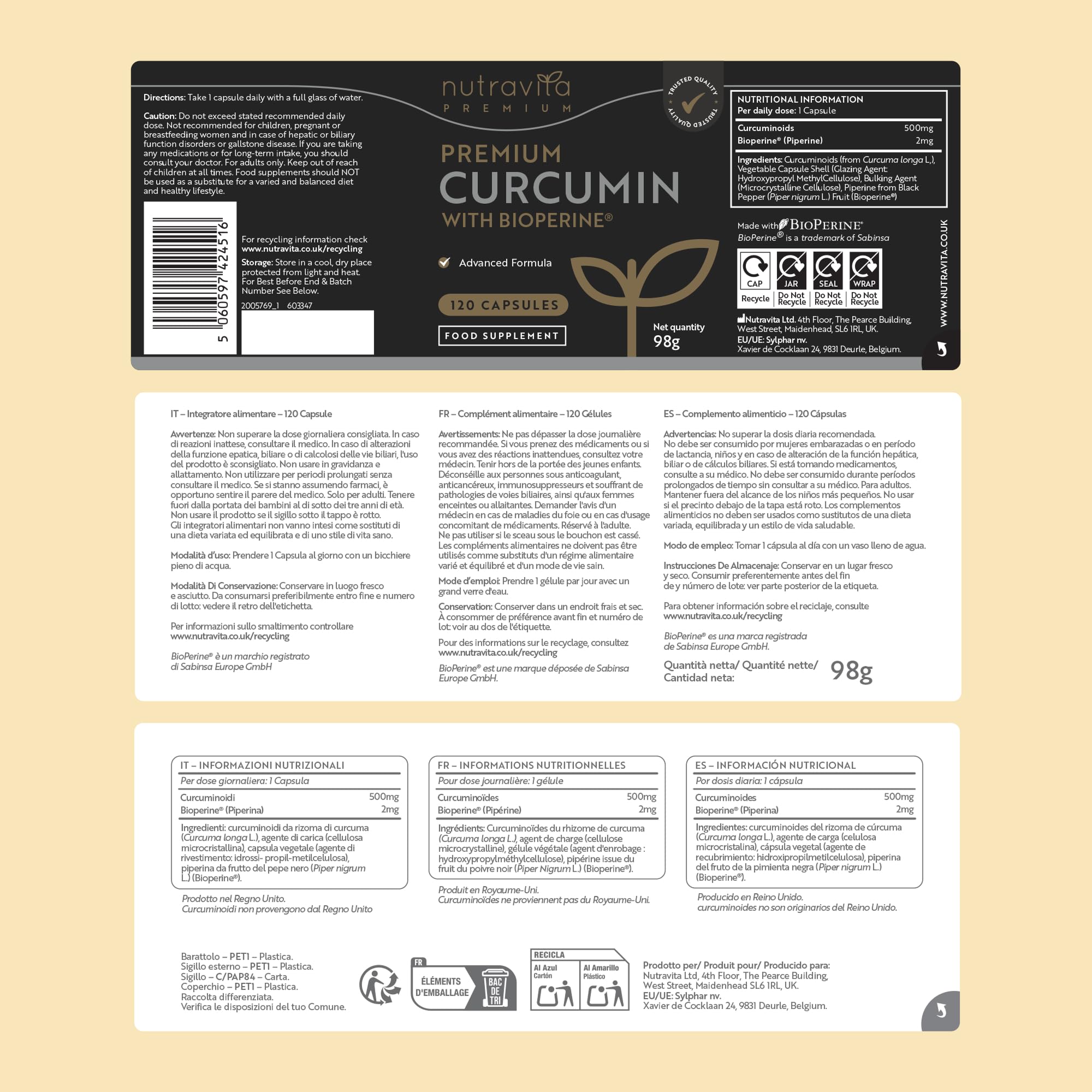 Nutravita Curcumina Premium - 120 Cápsulas de Curcuma en Polvo - Curcumina y Piperina - 95% de Curcuminoides con Bioperine® – Curcuma con Pimienta Negra para Mejorar la Absorción - Veganas