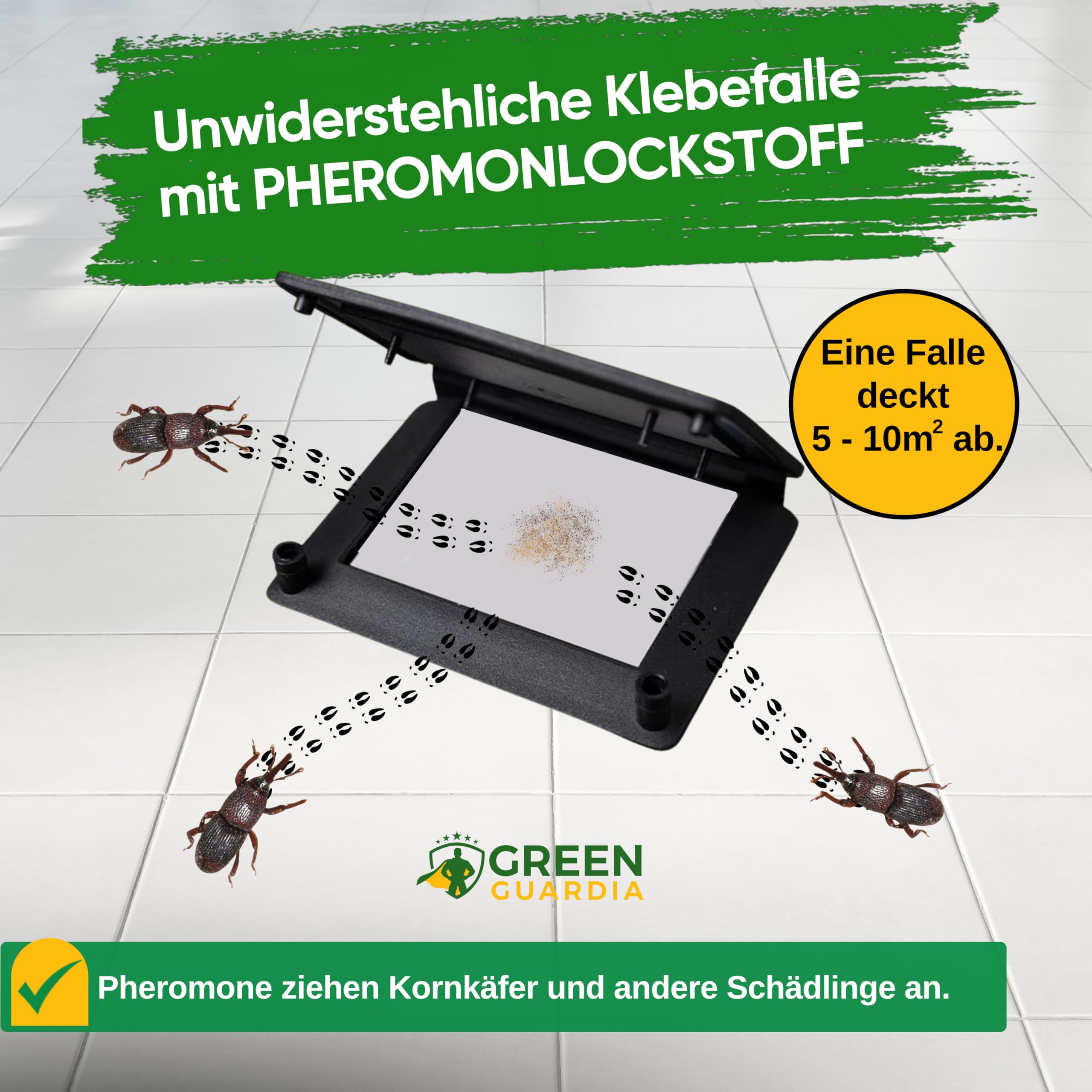 GREEN GUARDIA Kornkäfer Falle mit Pheromon-Lockstoff - 10x Fallen - umweltfreundlich Kornkäfer bekämpfen, Chemiefreie Pheromonfalle mit austauschbaren Klebeflächen, giftfrei und geruchsneutral