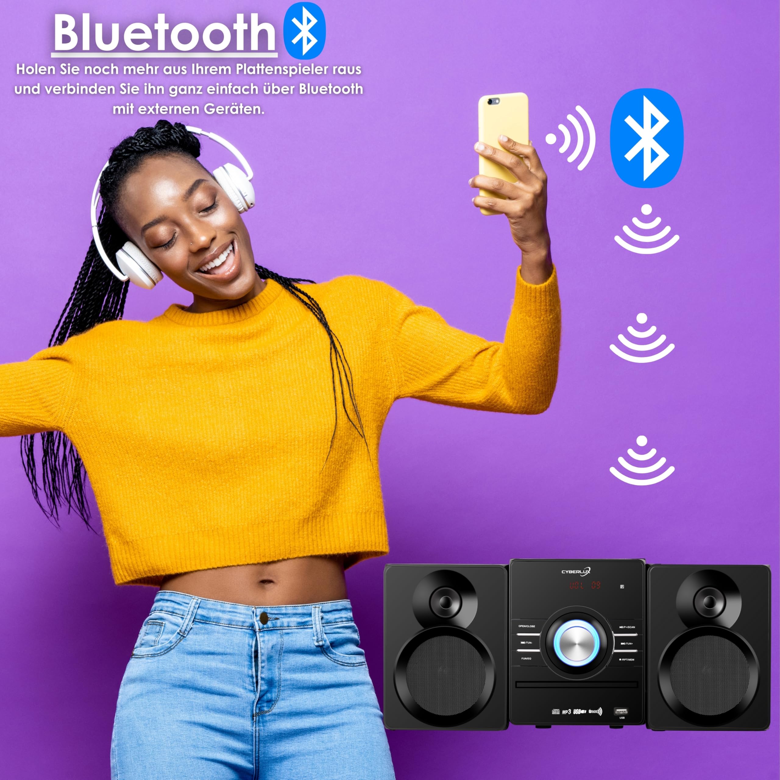 Mini HiFi Anlage mit CD Player Bluetooth Lautsprechern USB AUX FM Radio LED-Display