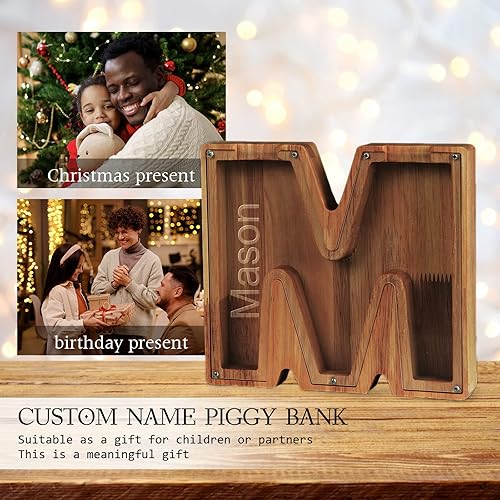Miniatura 5 de Alcancía con nombre personalizado, 26 letras láser con texto personalizado, banco de monedas de madera, significado educativo, alcancía con nombre