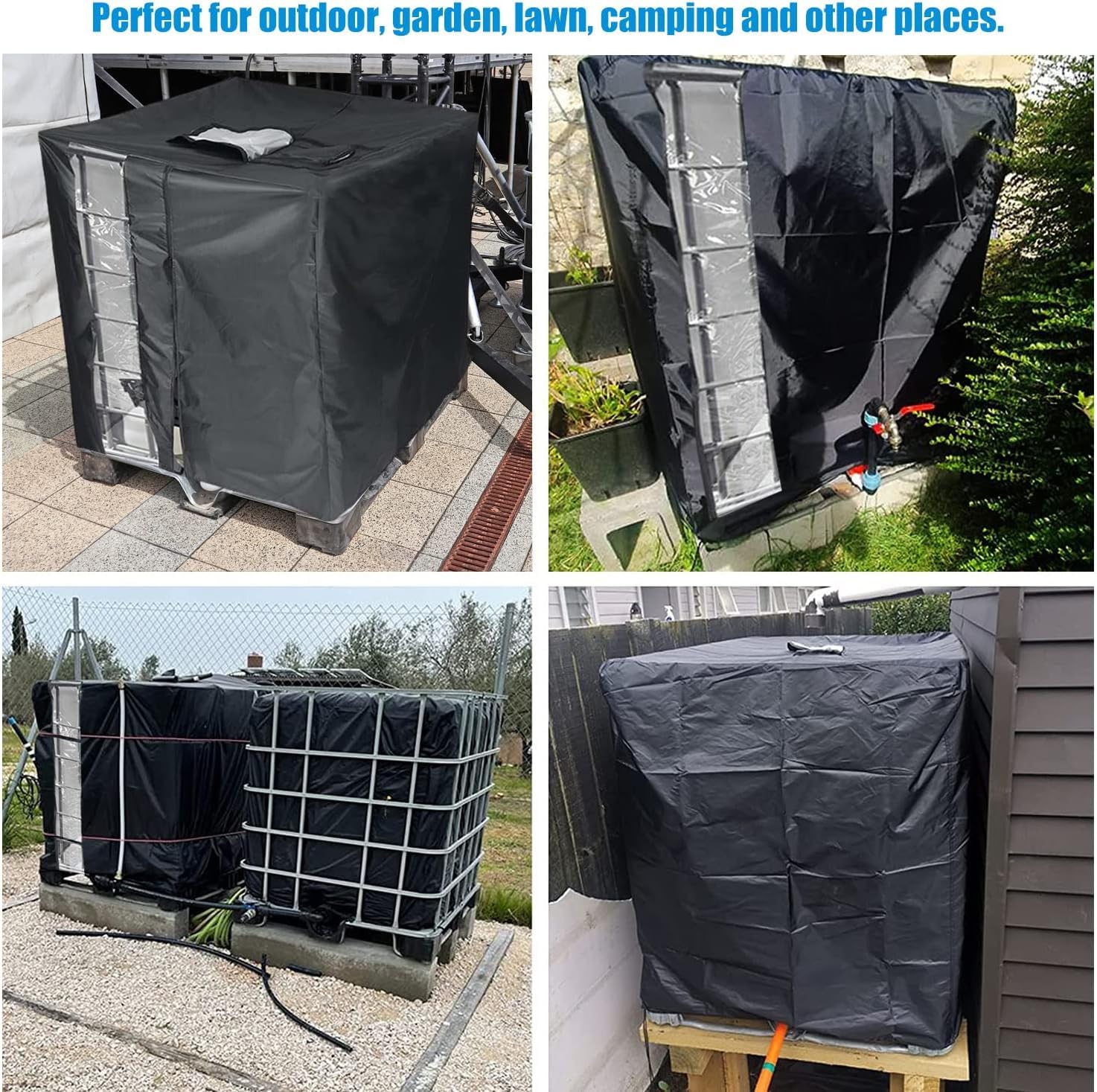 IBC Bâche Réservoir d'eau, IBC Bache Cuve 420D Avec zip et cordon de serrage, 1000L Bâche Couverture Réservoir |Anti-poussière Anti-UV Anti-Pluie 120 x 100 x 116 cm Noir