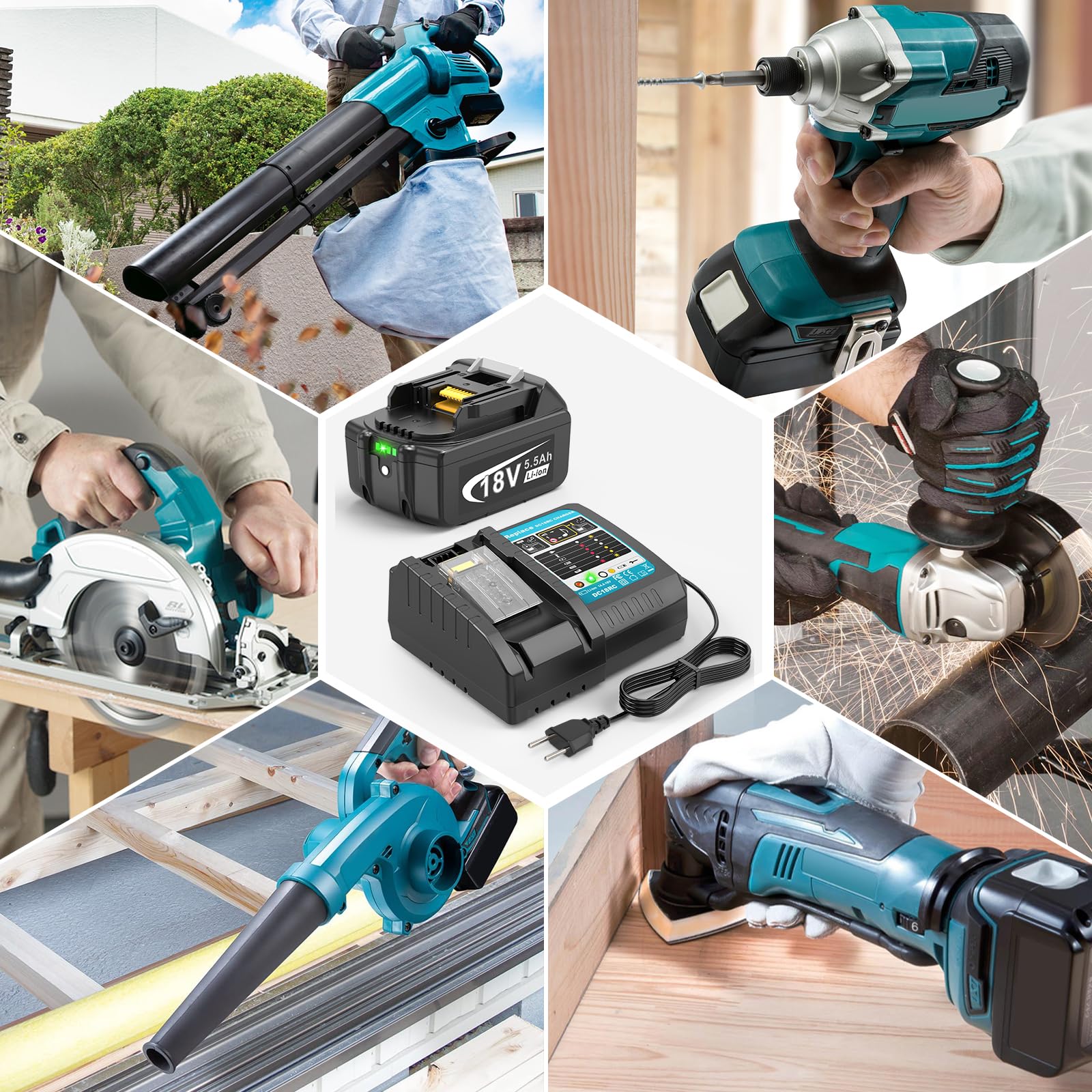 Batería y cargador de 18 V para Makita LXT, ASUNCELL 5,5 Ah, DC18RC, juego de cargador rápido compatible con baterías de iones de litio BL1815 BL1830 BL1850 BL1430