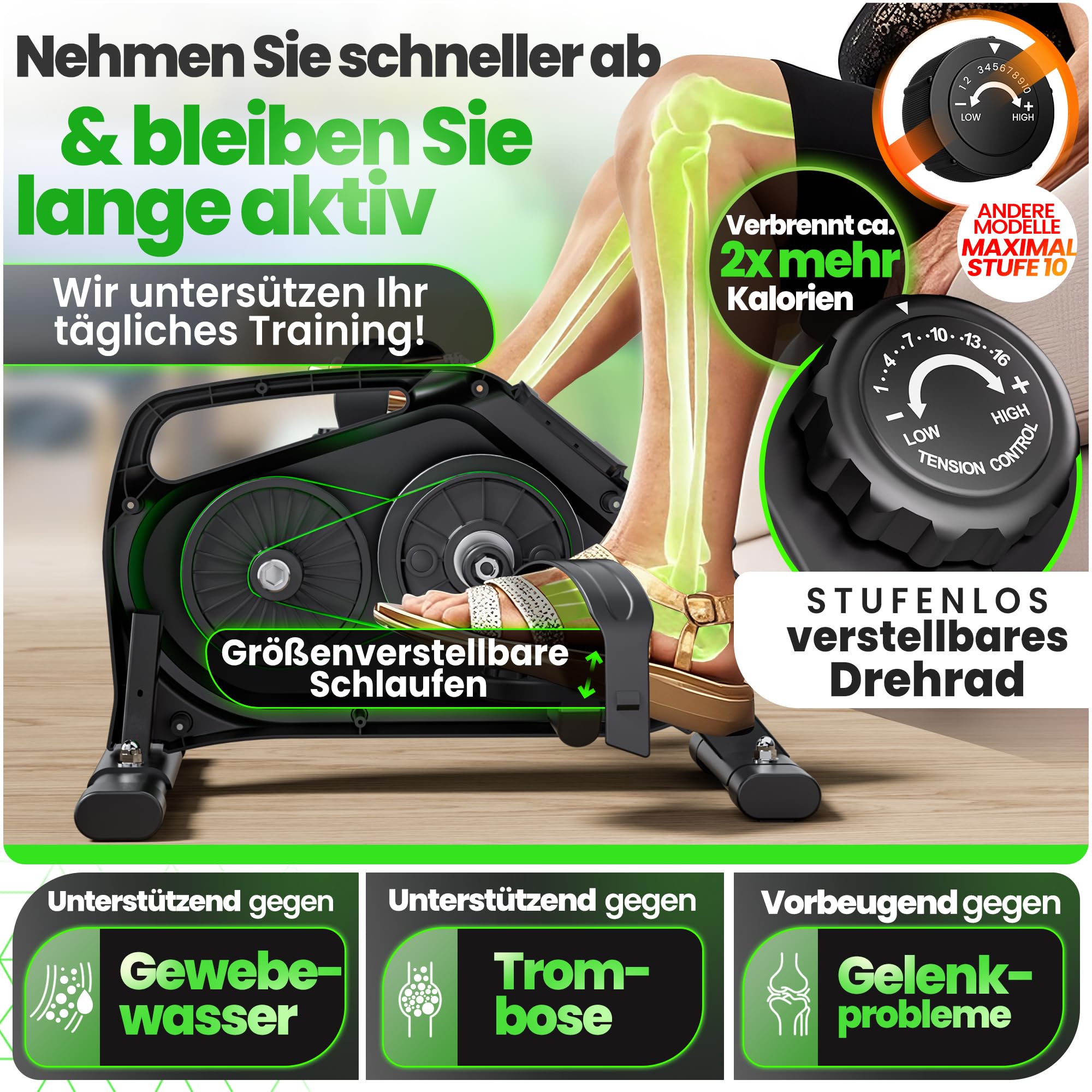 Ultrasport Pedaltrainer für Zuhause 16 Stufen inkl. Antirutsch-Matte und Gurt I CE Zertifiziert, Extraleiser Arm- und Beintrainer im Sitzen I Deskbike, Schreibtisch Fahrrad, Grün
