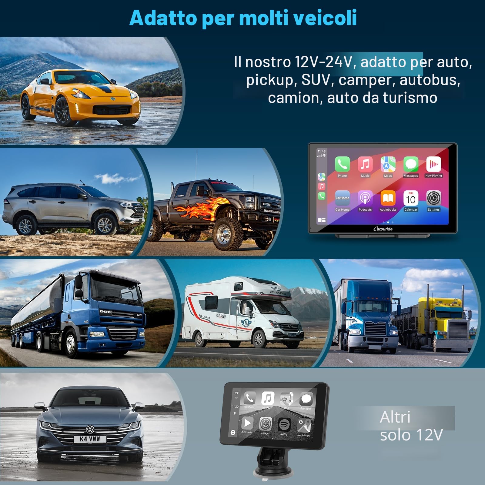 Carpuride W905 Carplay Schermo con Dashcam, Senza Fili Carplay & Android Auto, 9" Touchscreen HD Portatile, 4K Fotocamera Anteriore & Backup, Registrazione Loop, Bluetooth, Mirror Link, GPS, Siri.