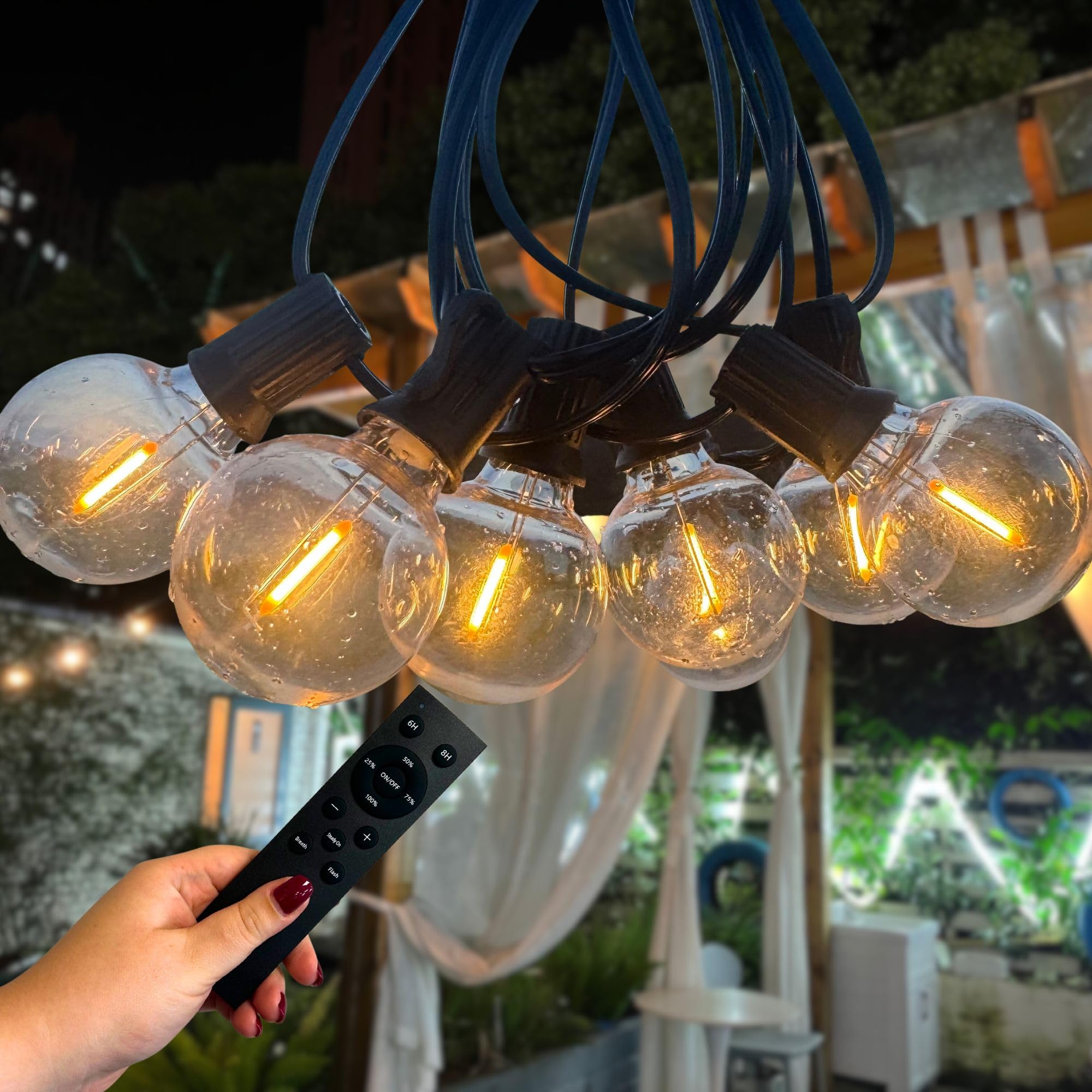 Ark Mat Black 40 Meters / 130Ft - Garden Festoon Lights Outdoor Mains Powered - Remote Control - Warm 2200K Dimmable Shatterproof Led Bulbs - Waterproof Plug-In String Lights