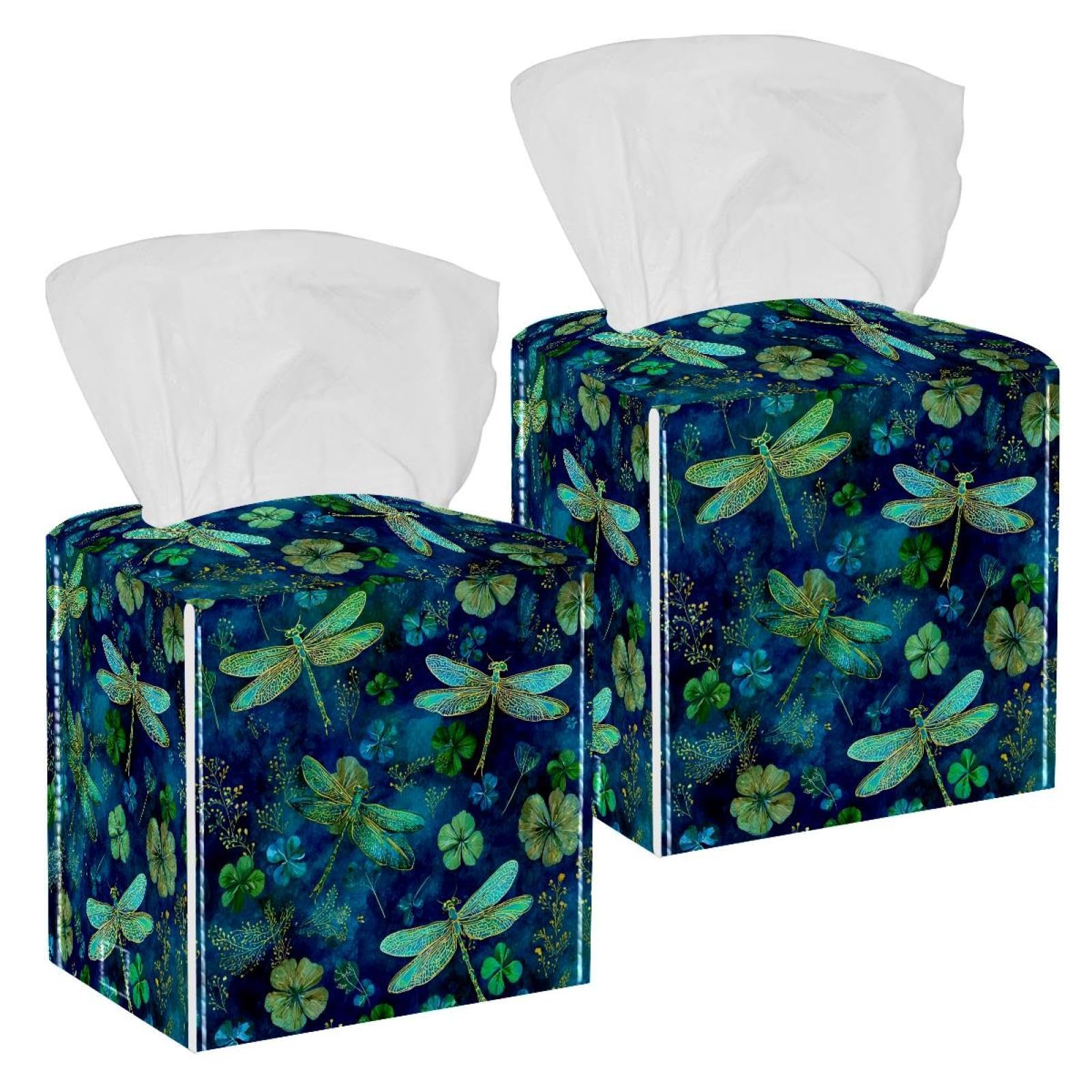 Dragonfly Tissue Box Cover, 2 Pack PU Leather Square Facial Tissue Dispenser Box holder for Home Office Car