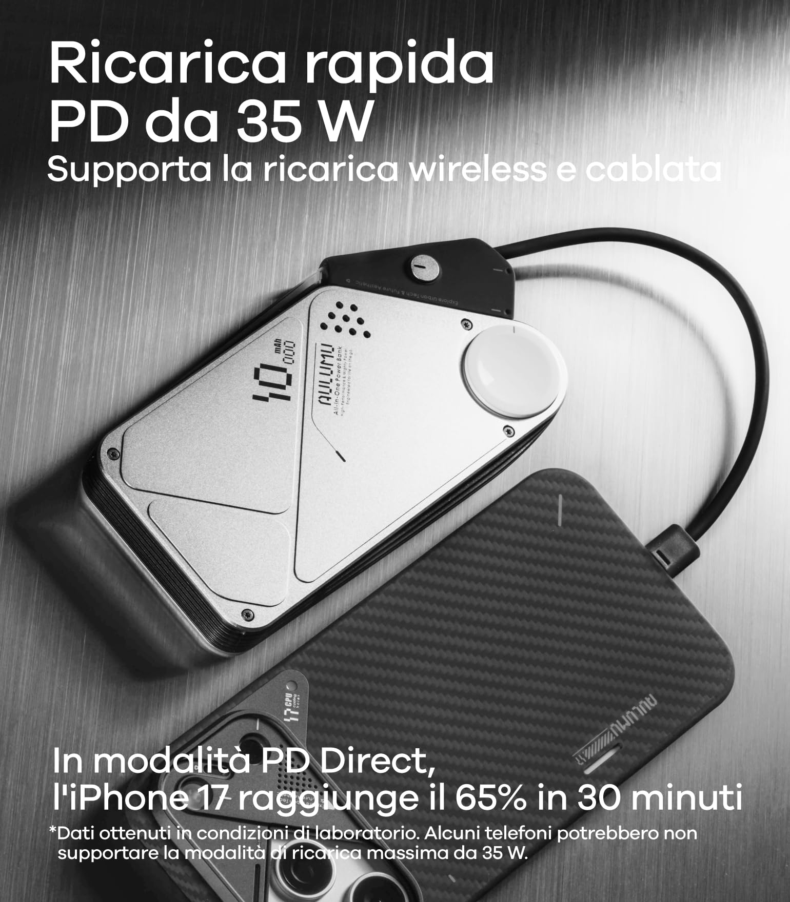 Aulumu M10 Power Bank Magsafe 10000mAh Powerbank Magnetico Batteria Esterna Wireless Caricatore Ultra Sottile Ricarica Rapida per Viaggi, iPhone 17/16 Serie, MacBook, Samsung, Apple Watch, Argento