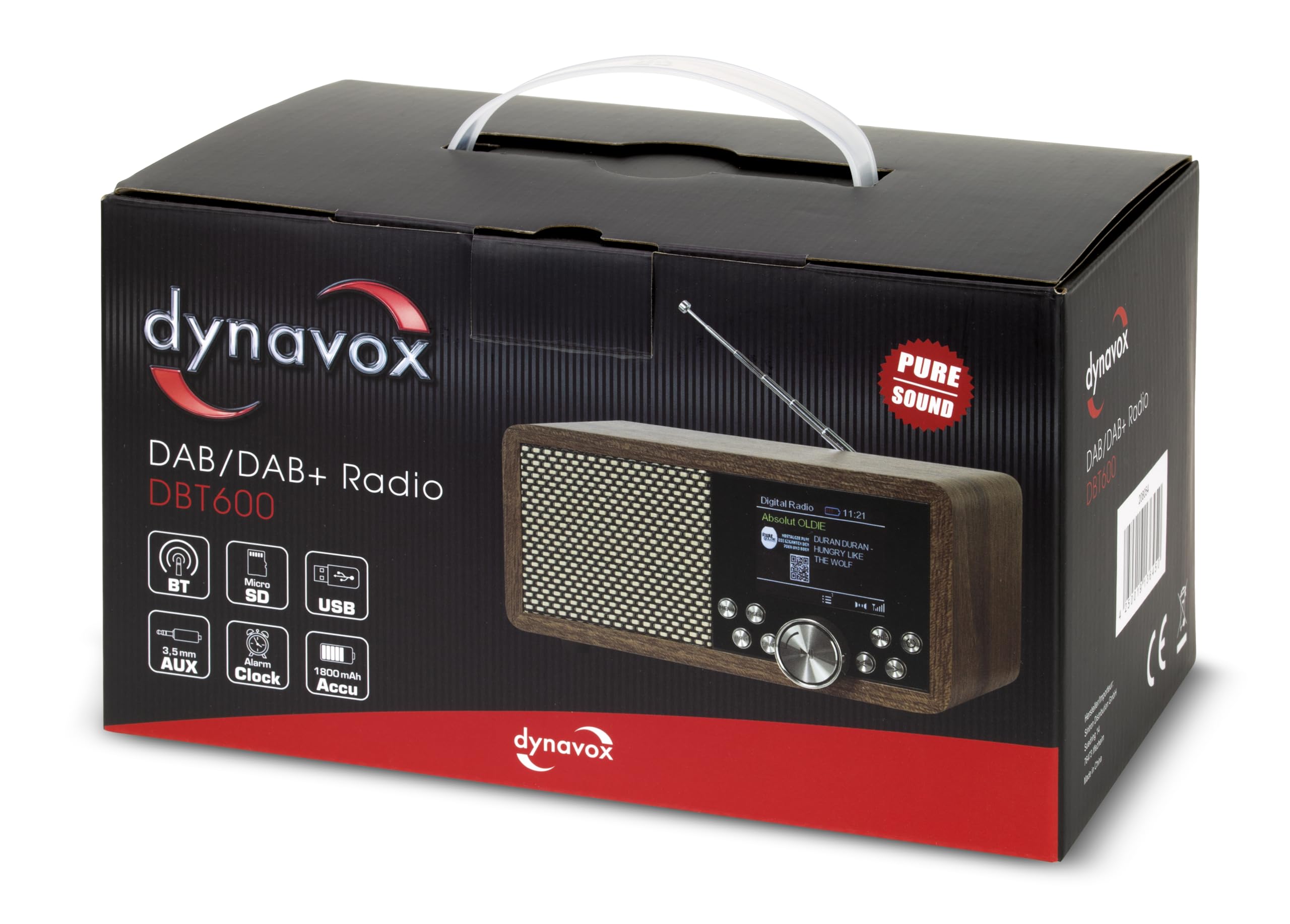 Dynavox DBT600 DAB+ Radio/digitale FM, portatile, ideale come radio da cucina/bagno/ufficio, sveglia, BT, display TFT, funzionamento a rete o batteria, USB/Micro-SD, decorazione in legno marrone