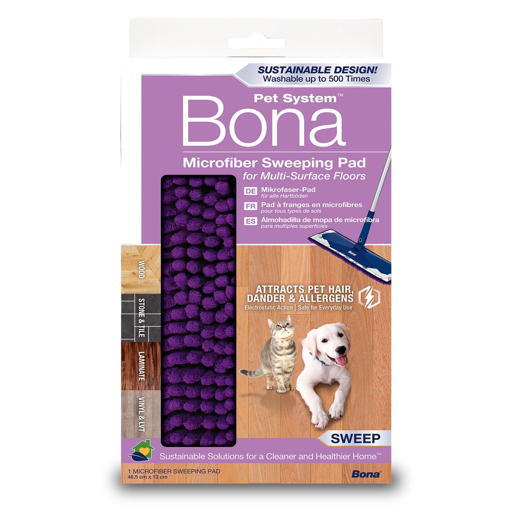 Bona Pet System Microfibre Sweeping Pad, for Wood and Hard-Surface Floors, fits Bona Family of Mops, 1 Count (Pack of 1), Purple