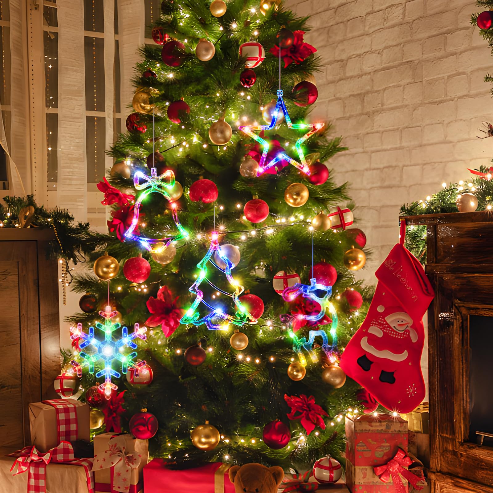 LYUBASA [Timer] 5Pcs Christmas Window Lights Decorations,Battery Powered Christmas Hanging Multicolor Lighted Snowflake Tree Star Deer Bells Shaped LED Sucker for Xmas Tree Fireplace Indoor Decor