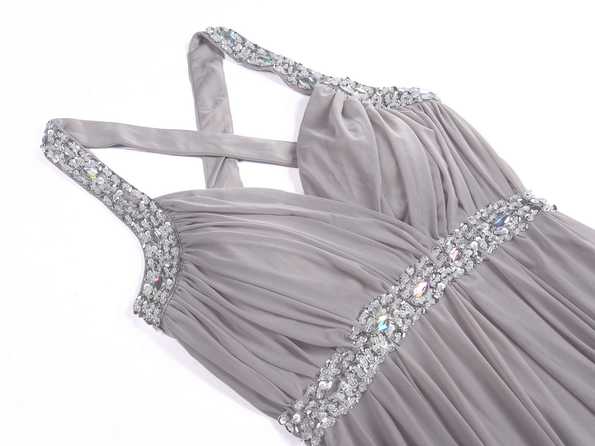 Women's Ruched Waist Rhinestone Long Dress - V-Neck, Floor Length, For Wedding & Formal Events - View #5