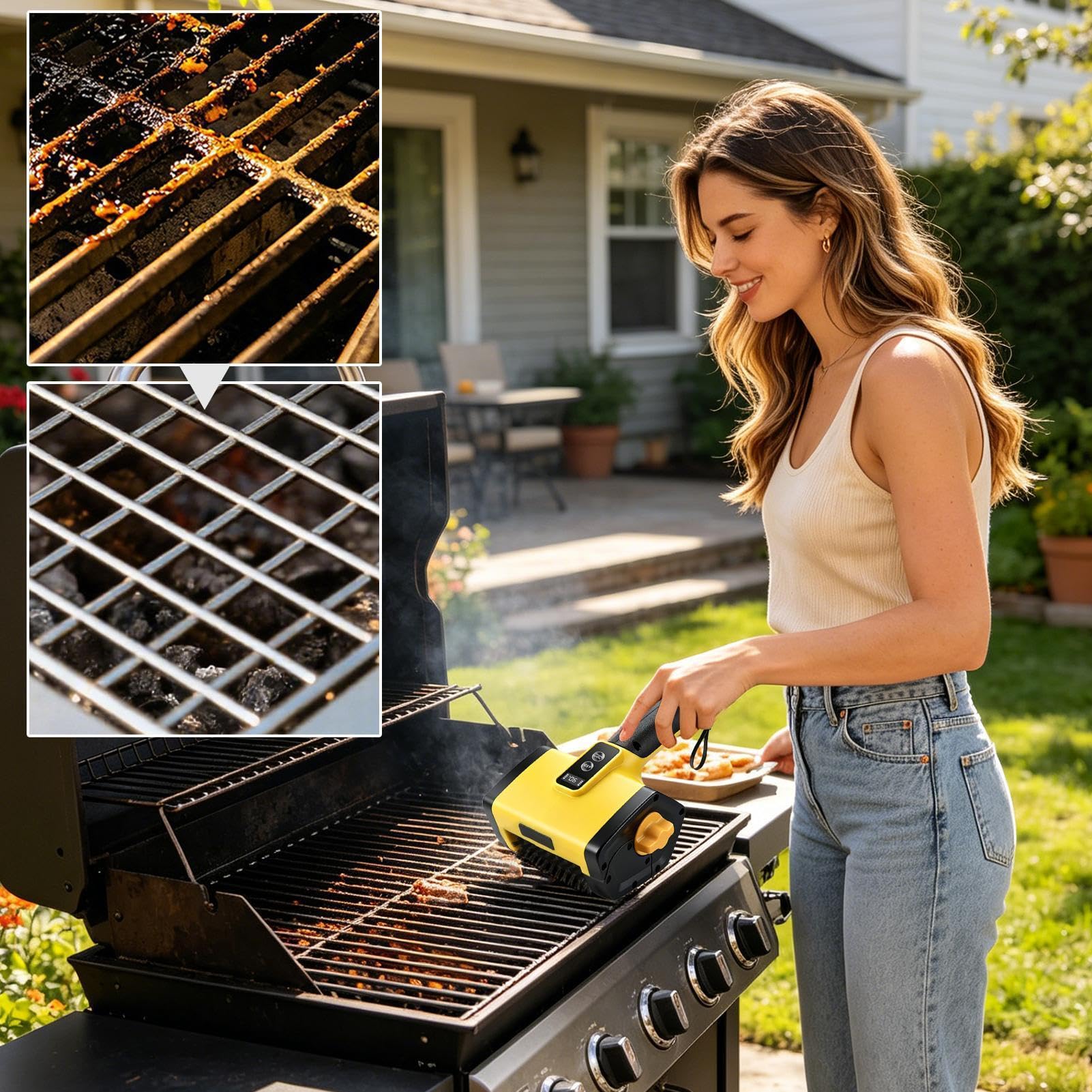 Cepillo de Limpieza para Parrilla Eléctrica - 25 W USB Recargable 3000 mAh | Fregadora BBQ 2 Velocidades 500/800 RPM Iluminación LED | Limpiador De Barbacoa Horno Cocina Patio Camping Patio Interior U