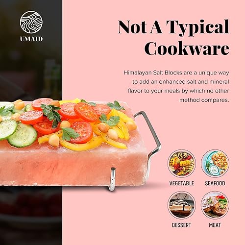 Miniatura 2 de UMAID Natural Himalayan Salt Block Cooking Plate 12 X 8 X 15 for Cooking Grilling Cutting and Serving Food Grade Salt with Stainless Steel Tray Set